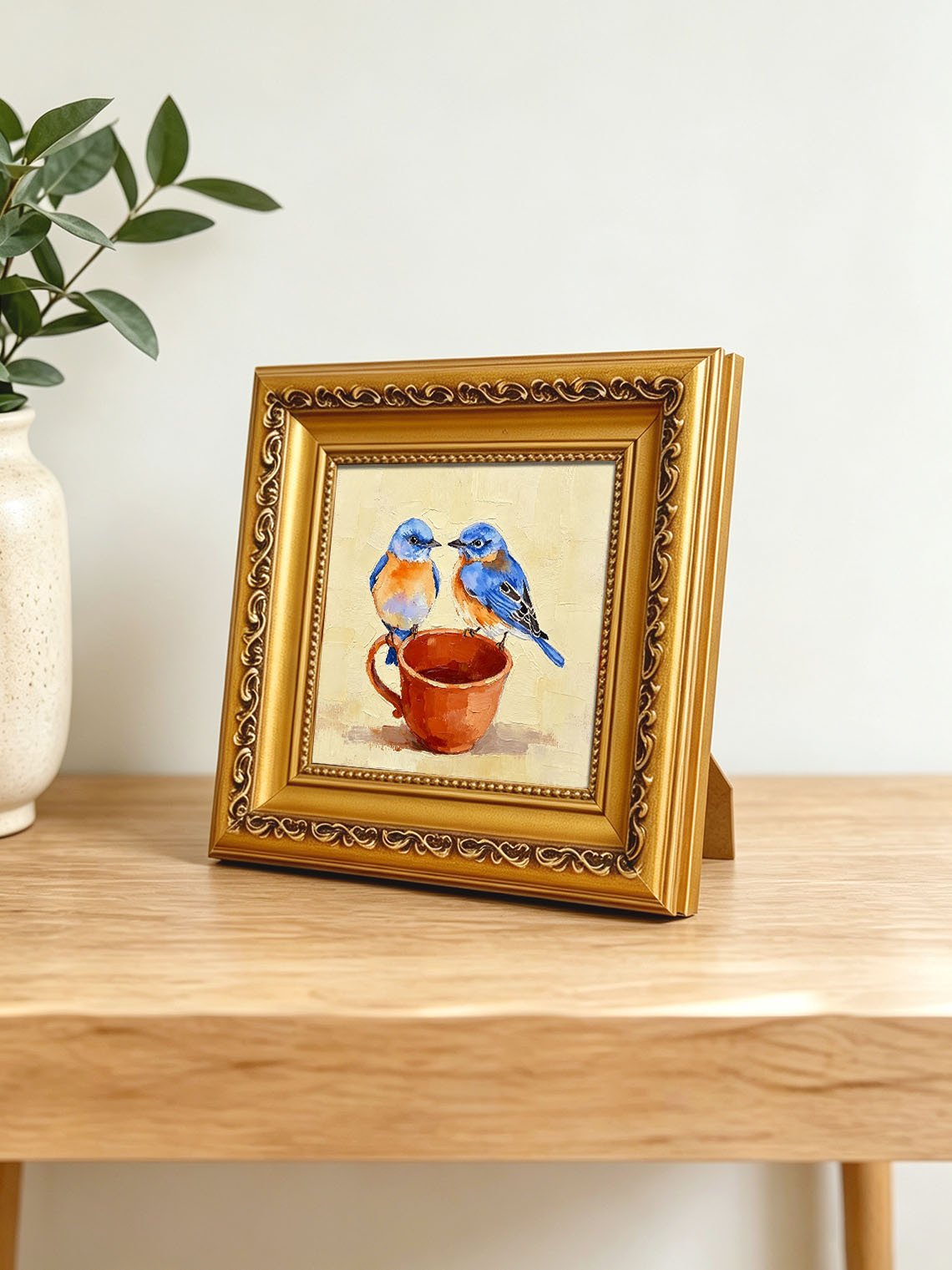 Two Sweet Bluebirds On Terracotta Teacup Hand Painted Wall Art Custom oil painting from photo, Gift for friend，Size 4x4