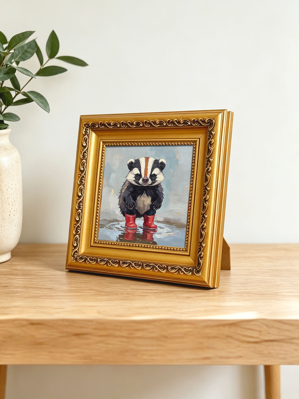 Cute Badger Wearing Red Rain Boots Standing In Puddle Hand Painted Wall Art Custom oil painting from photo, Gift for friend，Size 4x4