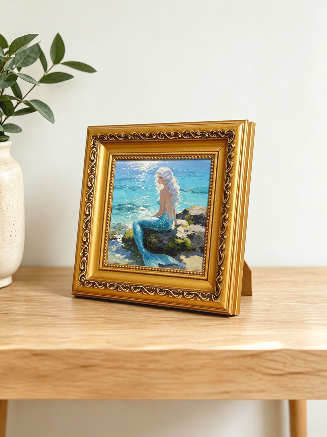 White‑Haired Mermaid Sitting On Coastal Rock By Sparkling Sea Hand Painted Wall Art Custom oil painting from photo, Gift for friend，Size 4x4
