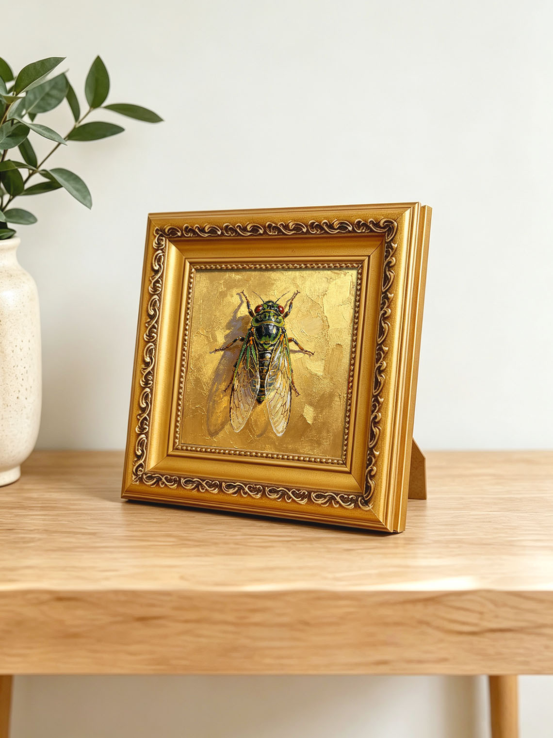 Detailed Cicada Insect Painting On Golden Textured Background Hand Painted Wall Art Custom oil painting from photo, Gift for friend，Size 4x4