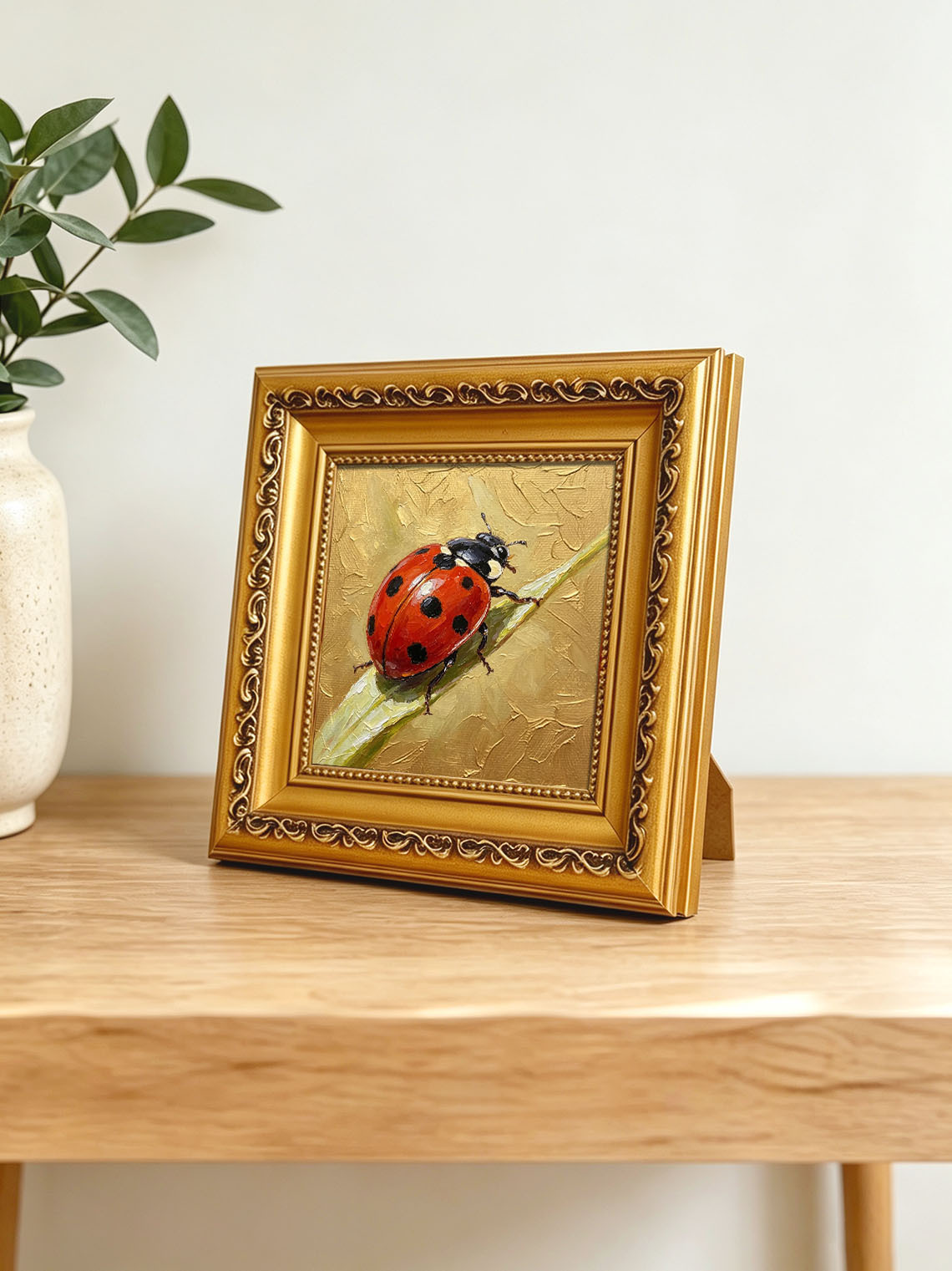 Bright Red Spotted Ladybug On Green Grass Blade Hand Painted Wall Art Custom oil painting from photo, Gift for friend，Size 4x4