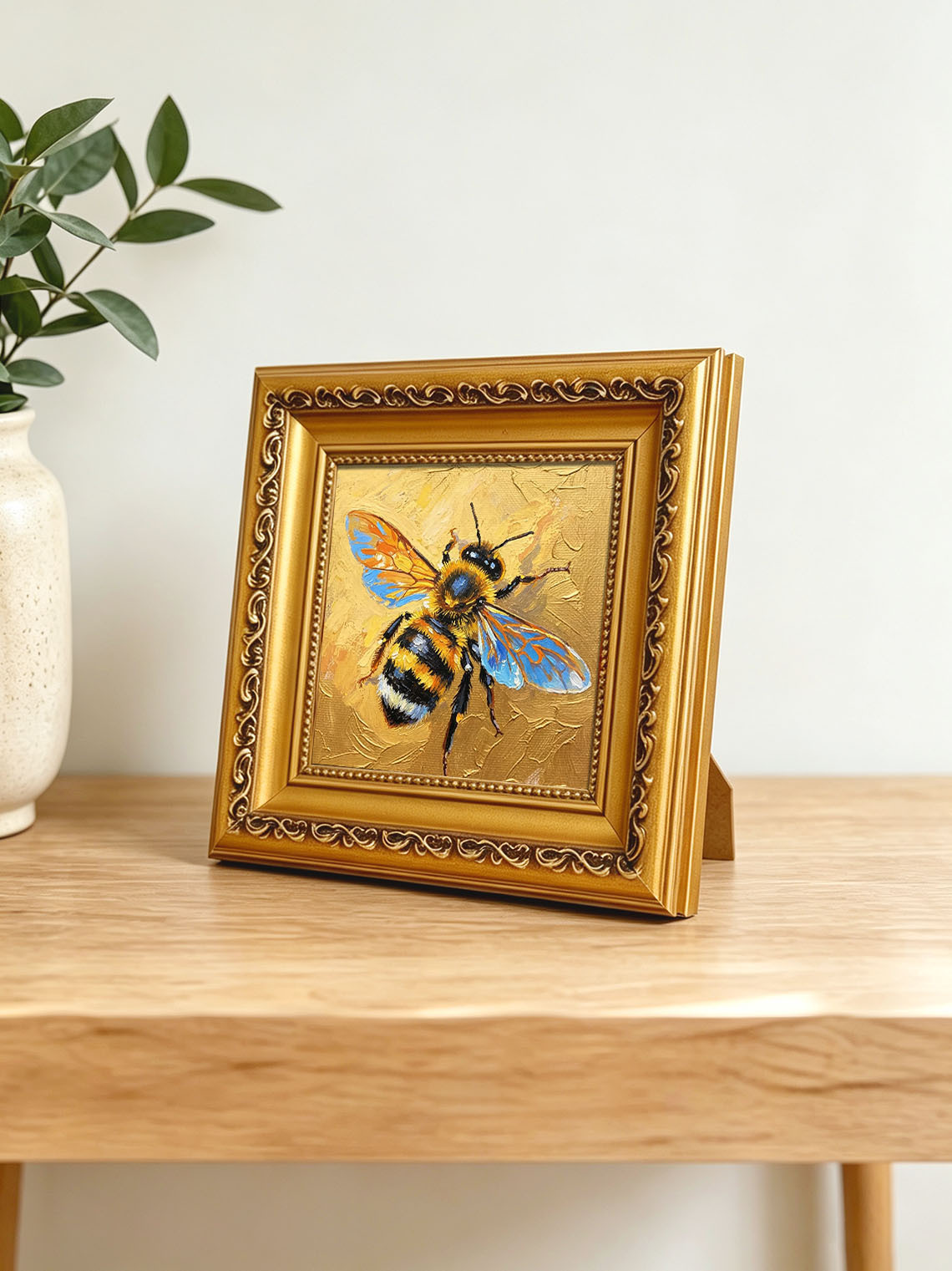 Vibrant Honeybee With Iridescent Blue Wings On Golden Background  Wall Art Custom oil painting from photo, Gift for friend，Size 4x4