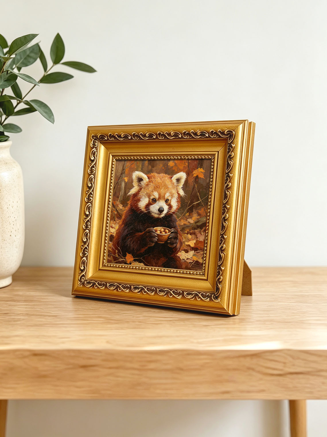 Cute Red Panda Holding Nut Bowl In Autumn Fall Forest Hand Painted Wall Art Custom oil painting from photo, Gift for friend，Size 4x4