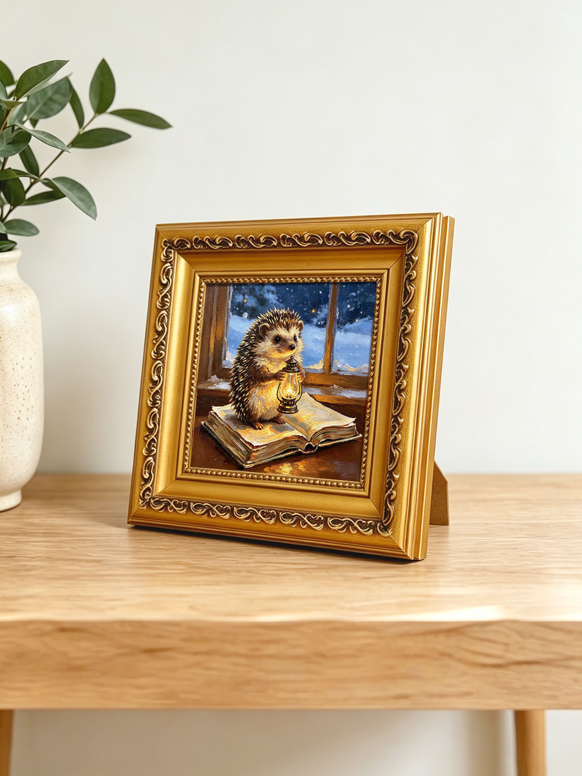 Hedgehog With Glowing Lantern Standing On Open Book By Snowy Winter Window Custom oil painting from photo, Gift for friend，Size 4x4