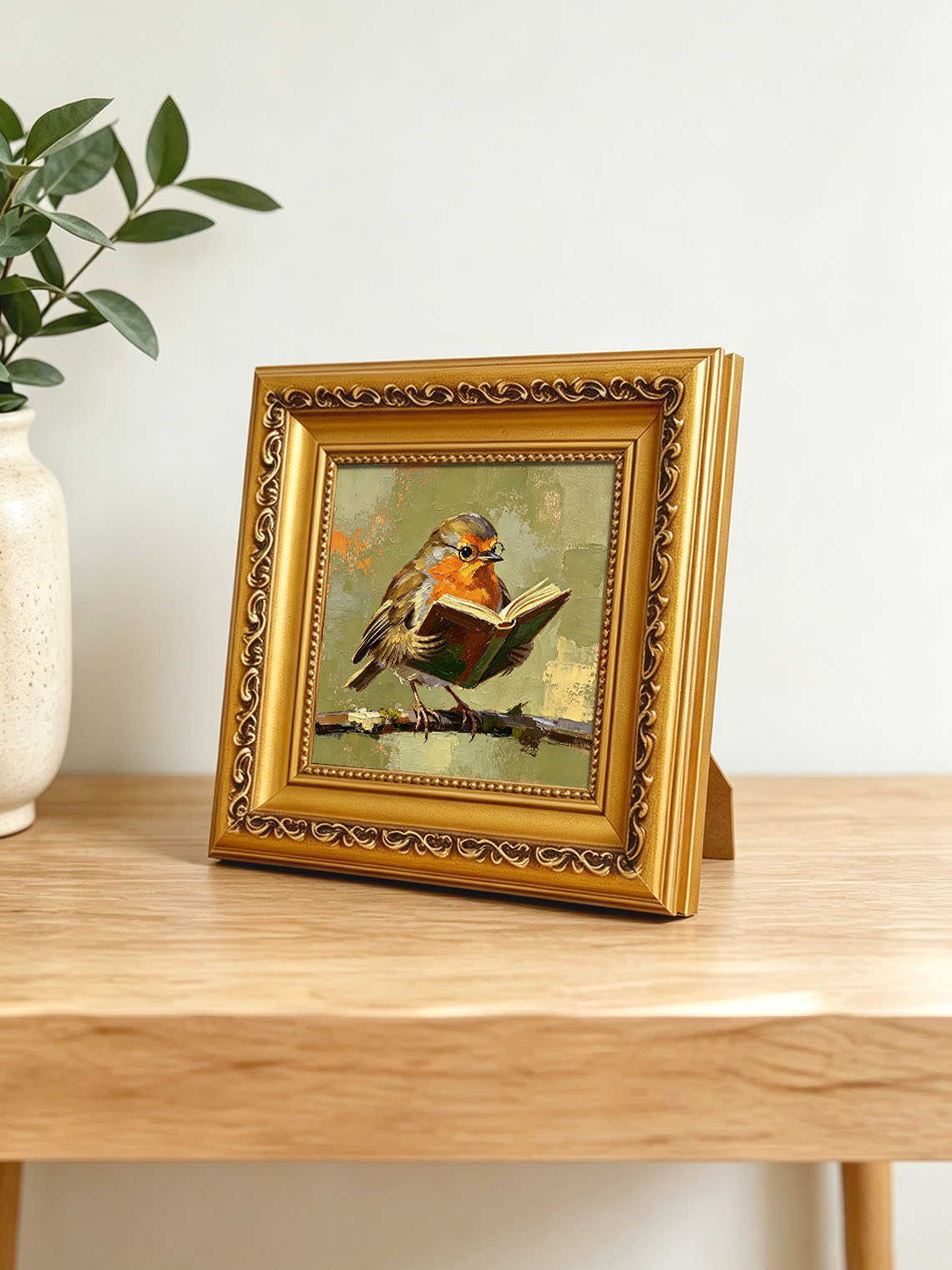 Charming Robin Bird Wearing Glasses Reading Open Book On Branch  Wall Art Custom oil painting from photo, Gift for friend，Size 4x4
