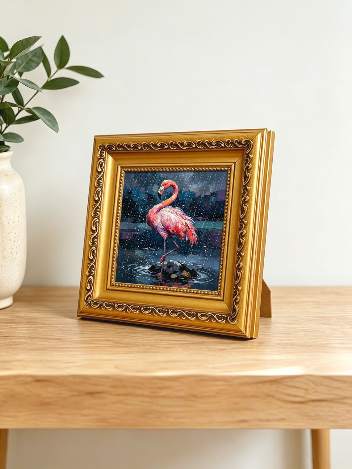 Vibrant Pink Flamingo Standing On Rock In Pouring Rain Over Dark Water  Wall Art Custom oil painting from photo, Gift for friend，Size 4x4