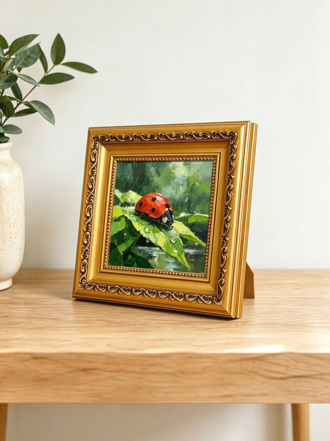 Vivid Red Ladybug On Rain‑Drenched Green Leaf In Lush Foliage Hand Painted Wall Art Custom oil painting from photo, Gift for friend，Size 4x4