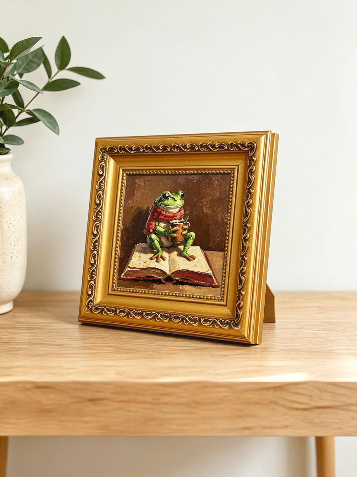 Cozy Whimsical Frog With Red Scarf Holding Hot Mug Sitting On Open Book  Wall Art Custom oil painting from photo, Gift for friend，Size 4x4