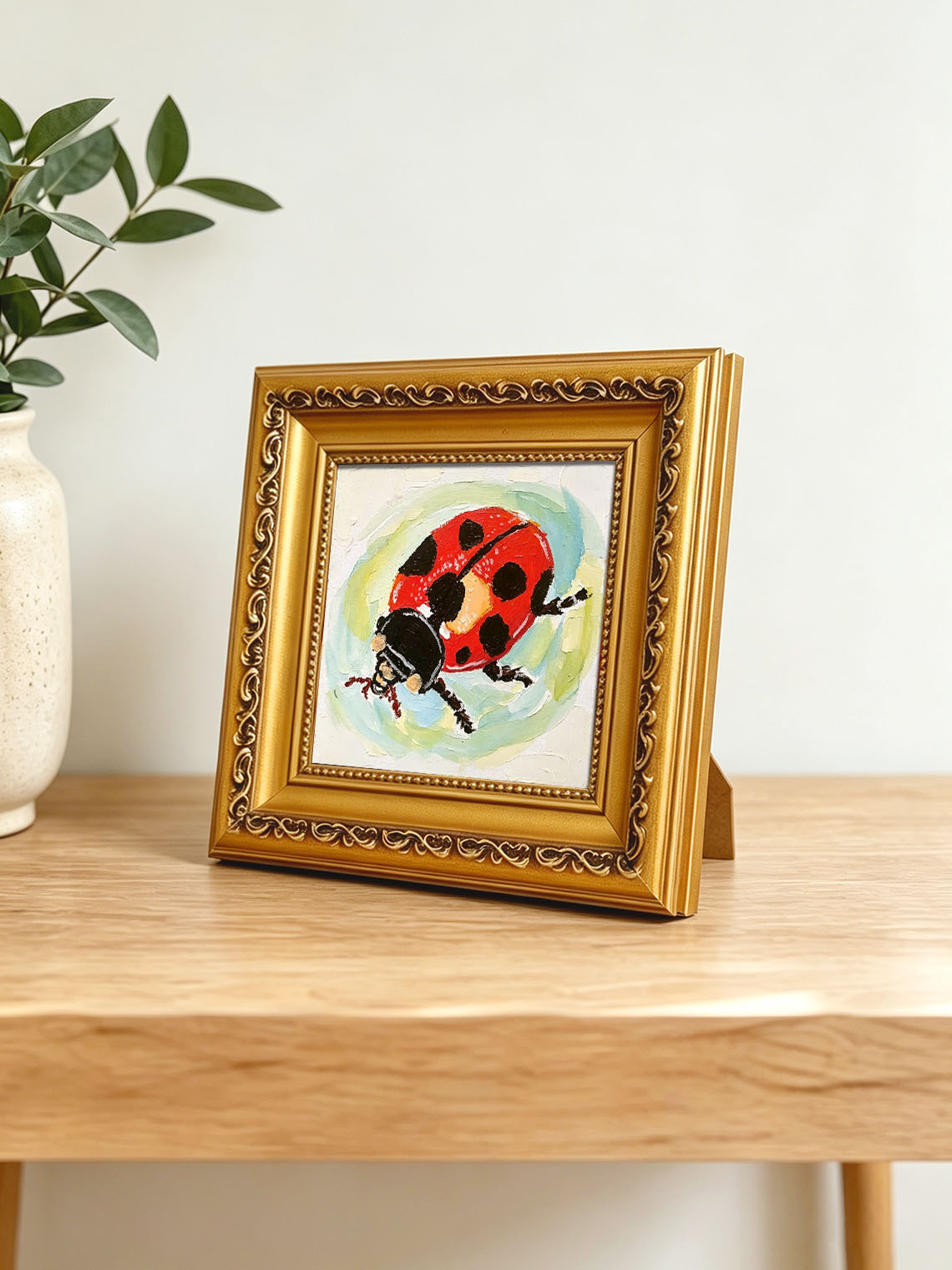 Thick Impasto Red Spotted Ladybug Textured Pastel Background Hand Painted Wall Art Custom oil painting from photo, Gift for friend，Size 4x4