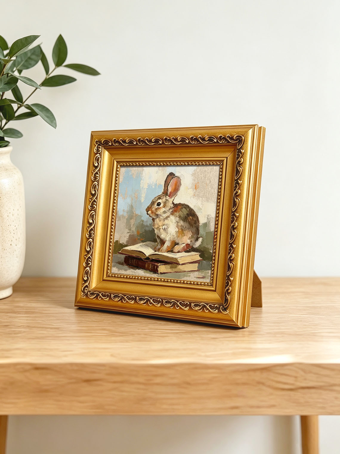 Brown Cottontail Rabbit Sitting On Stacked Old Books Soft Muted Background Custom oil painting from photo, Gift for friend，Size 4x4