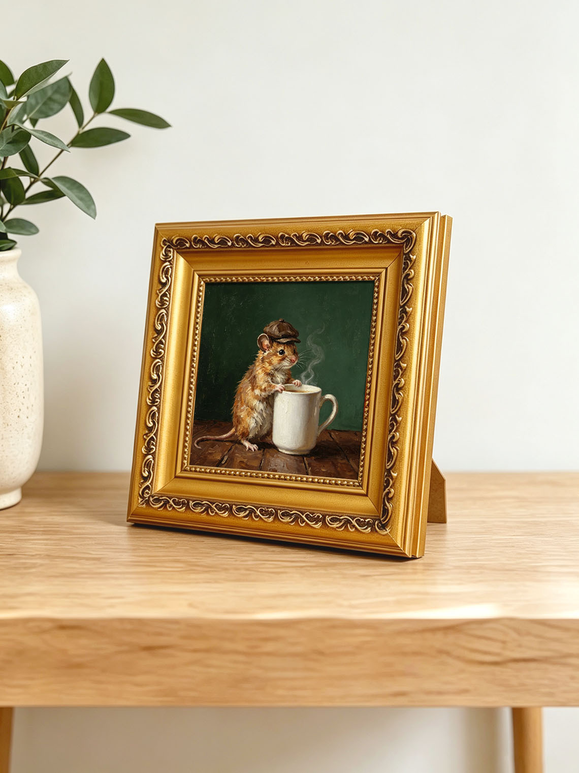 Mouse With Newsboy Cap Leaning On Steaming Coffee Mug Dark Green Background  Custom oil painting from photo, Gift for friend，Size 4x4