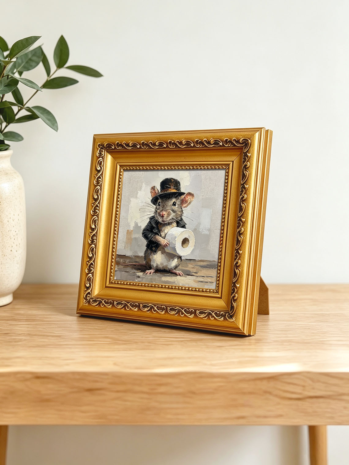 Gentleman Mouse Holding Toilet Paper Roll Neutral Textured Background Custom oil painting from photo, Gift for friend，Size 4x4