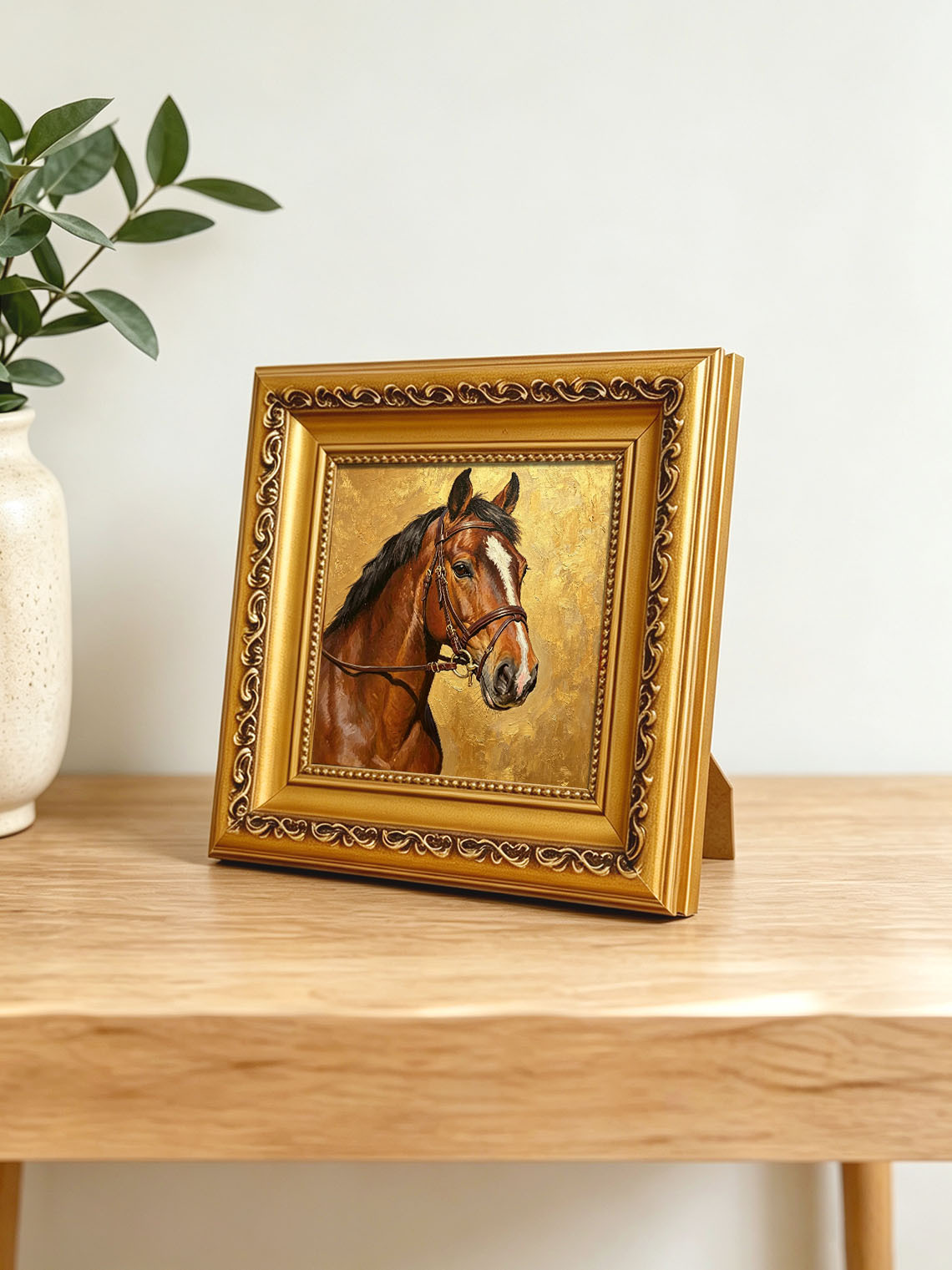 Bay Horse Portrait With Leather Bridle Textured Metallic Gold Background  Wall Art Custom oil painting from photo, Gift for friend，Size 4x4
