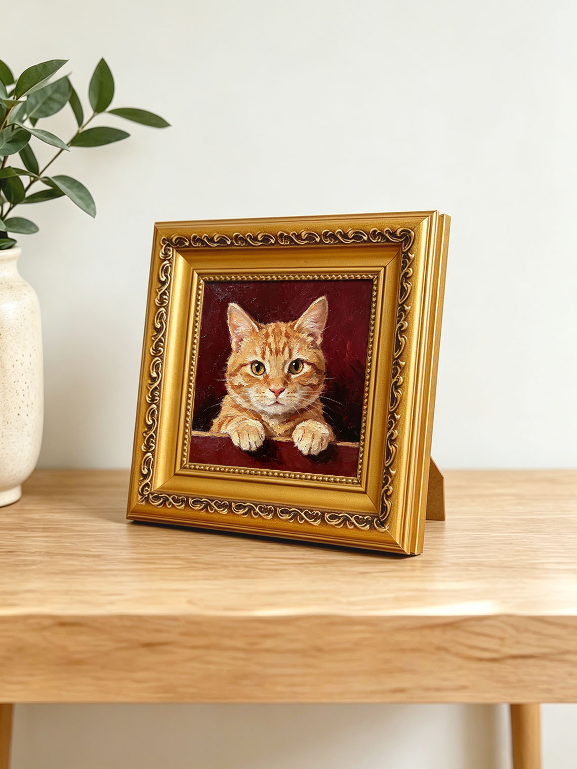 Ginger Tabby Cat Portrait Paws Resting On Edge Deep Burgundy Textured Background  Custom oil painting from photo, Gift for friend，Size 4x4