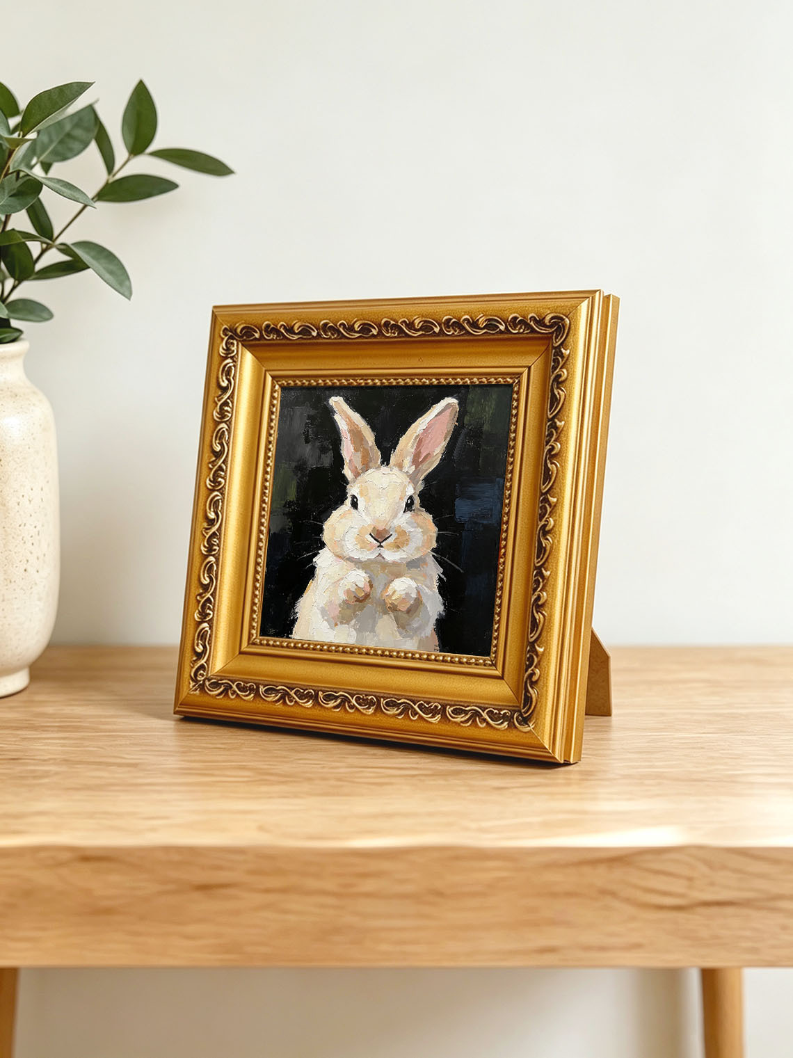 Thick Impasto Light Cream Bunny Portrait Paws Up Dark Moody Textured Background  Custom oil painting from photo, Gift for friend，Size 4x4