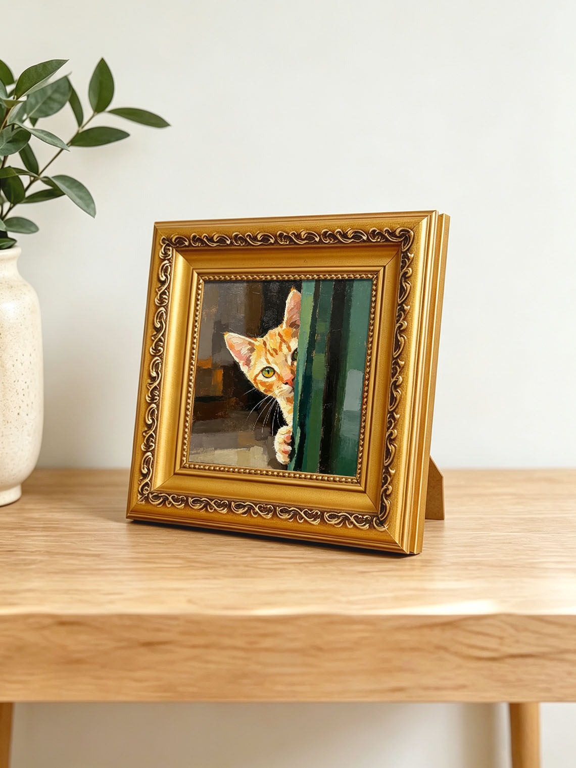 Tabby Kitten Peeking Around Green Door Bold Textured Warm Earth‑Tone Background  Custom oil painting from photo, Gift for friend，Size 4x4