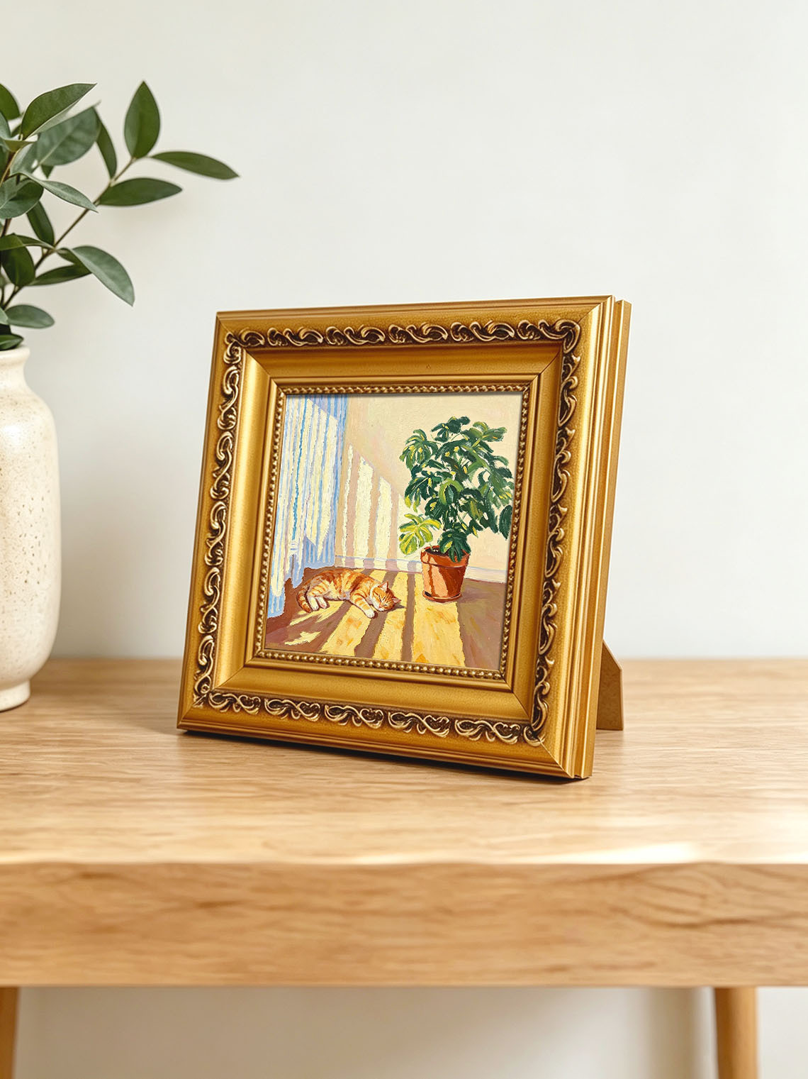 Sleeping Ginger Cat Sunlit Indoor Scene With Monstera Plant Bright Oil Painting Custom oil painting from photo, Gift for friend，Size 4x4