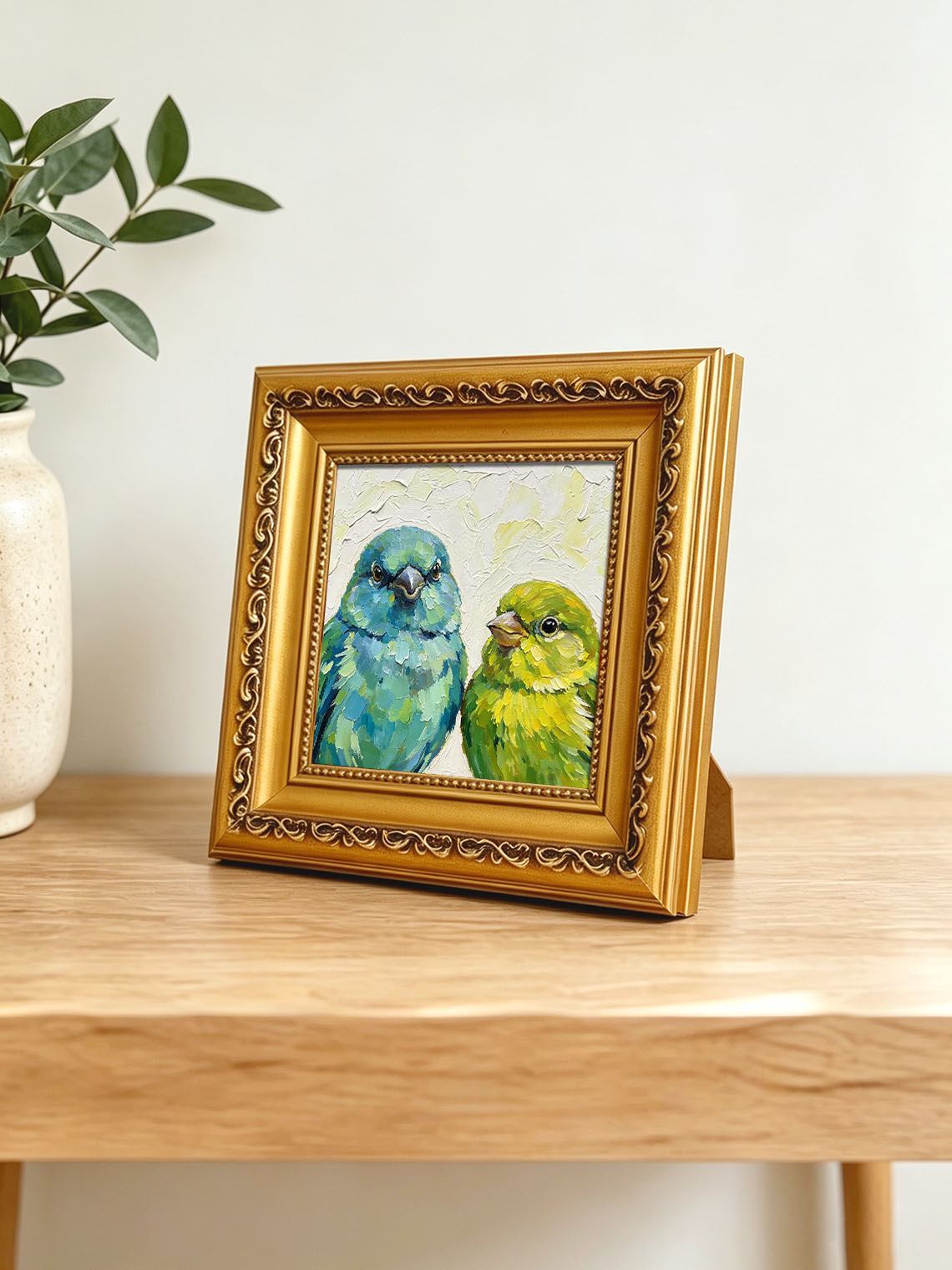 Pair Of Parrotlets Portrait Bold Oil Painting Soft Off‑White Textured Background  Custom oil painting from photo, Gift for friend，Size 4x4