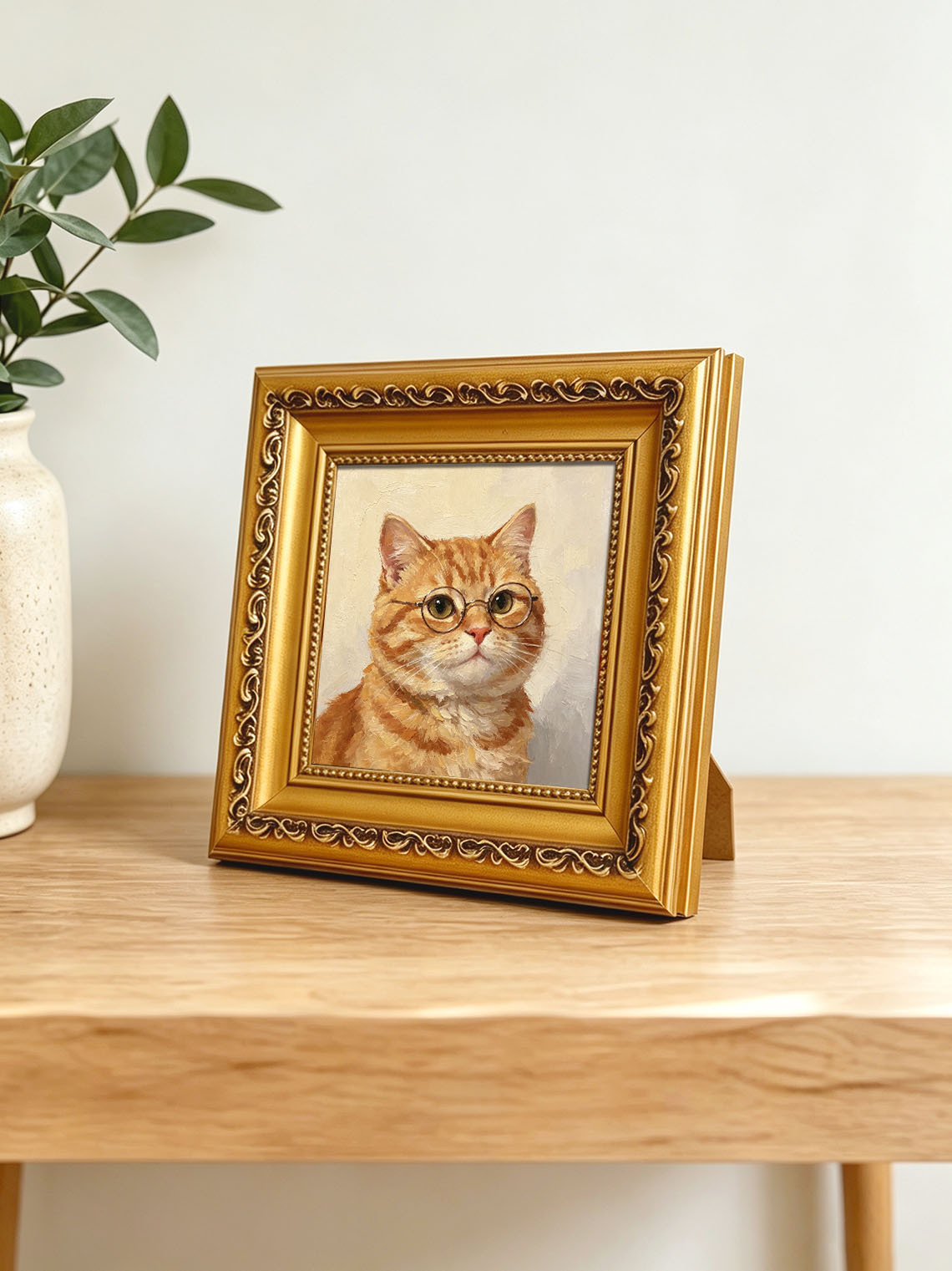 Ginger Tabby Cat Wearing Glasses Oil Painting Soft Cream Textured Background Custom oil painting from photo, Gift for friend，Size 4x4