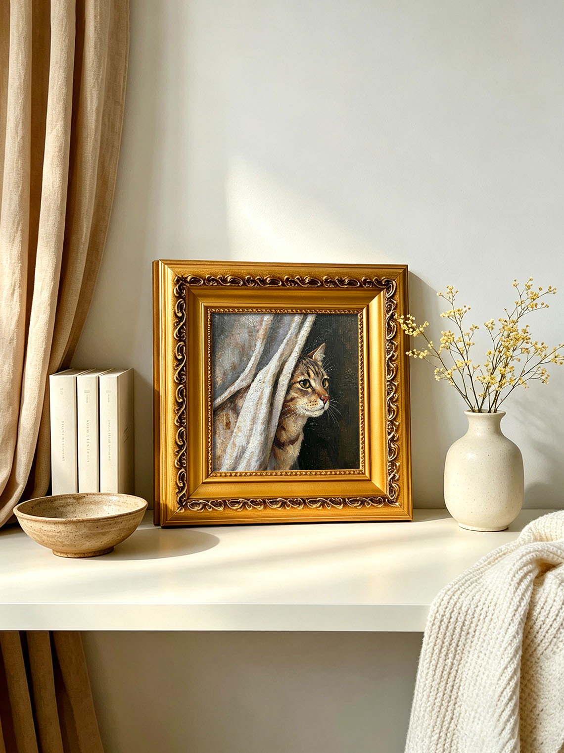 Tabby Cat Behind Curtain custom oil painting from photo, gift for friend, Size 4"×4"