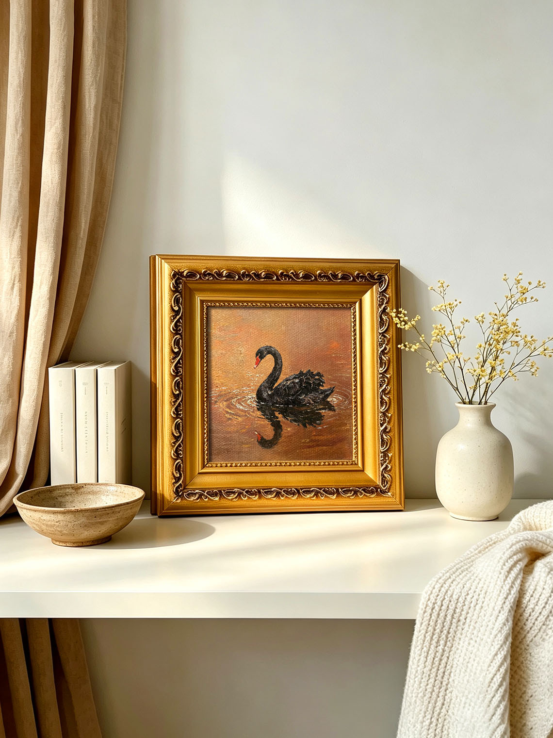 Black Swan Water Scene custom oil painting from photo, gift for friend, Size 4"×4"