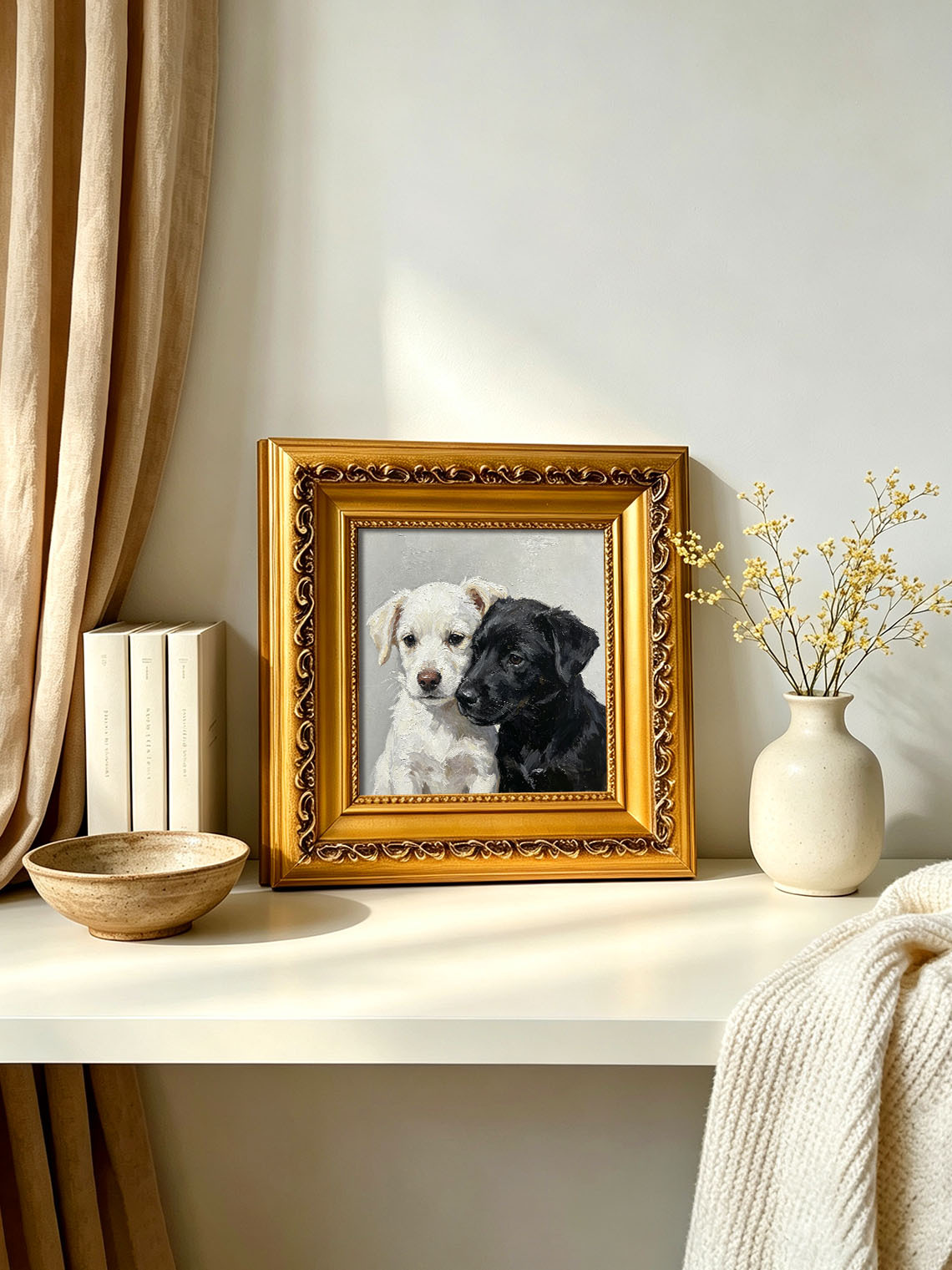 Two Puppies Black White custom oil painting from photo, gift for friend, Size 4"×4"