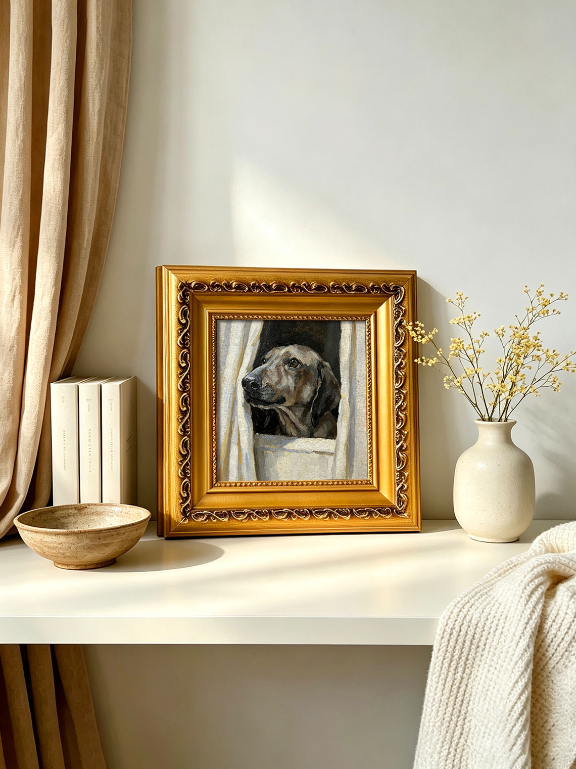 Dog Peeking Through Window custom oil painting from photo, gift for friend, Size 4"×4"