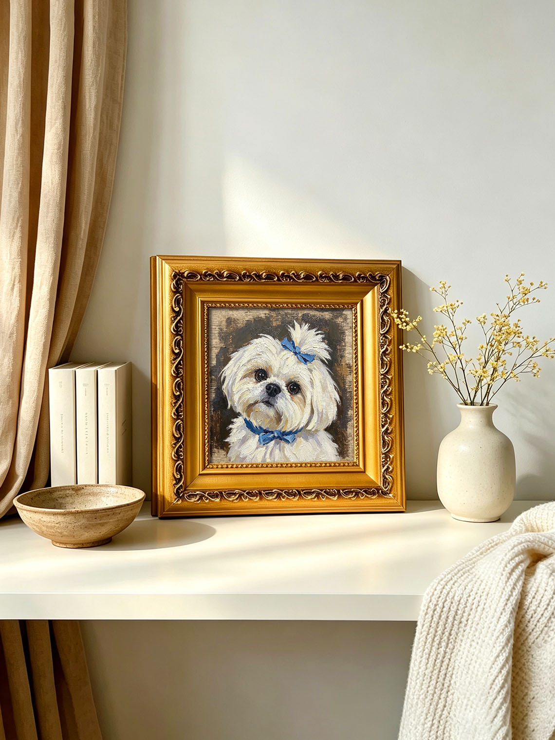 Maltese Dog With Blue Bows custom oil painting from photo, gift for friend, Size 4"×4"