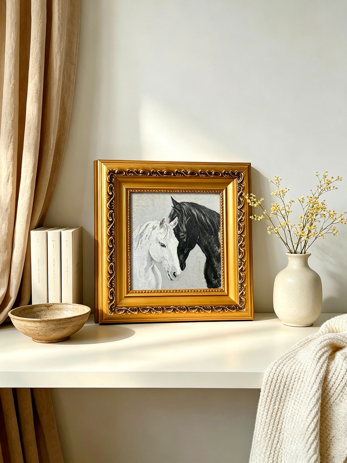 Two Horses Black White custom oil painting from photo, gift for friend, Size 4"×4"