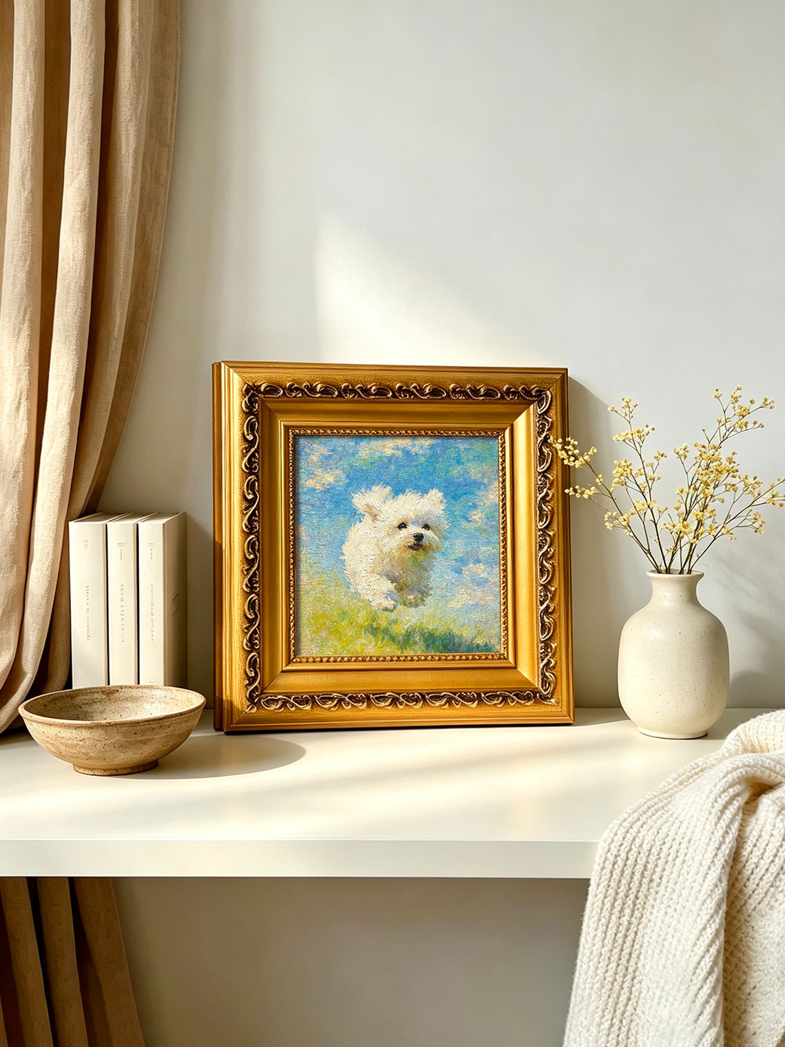 Running White Puppy custom oil painting from photo, gift for friend, Size 4"×4"
