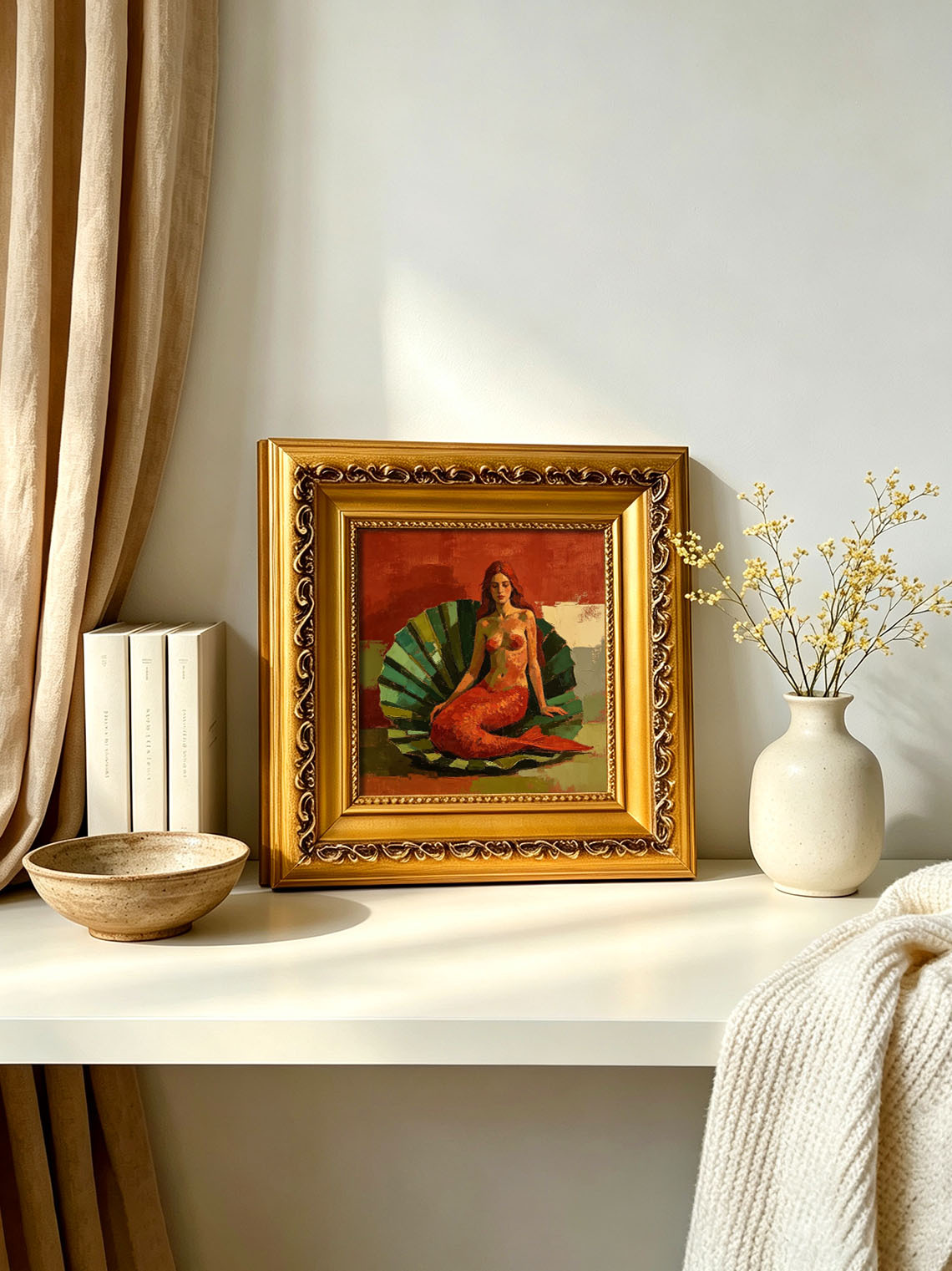 Mermaid On Giant Shell Hand Painted Artwork Wall Decor Custom oil painting from photo, Gift for friend，Size 4x4