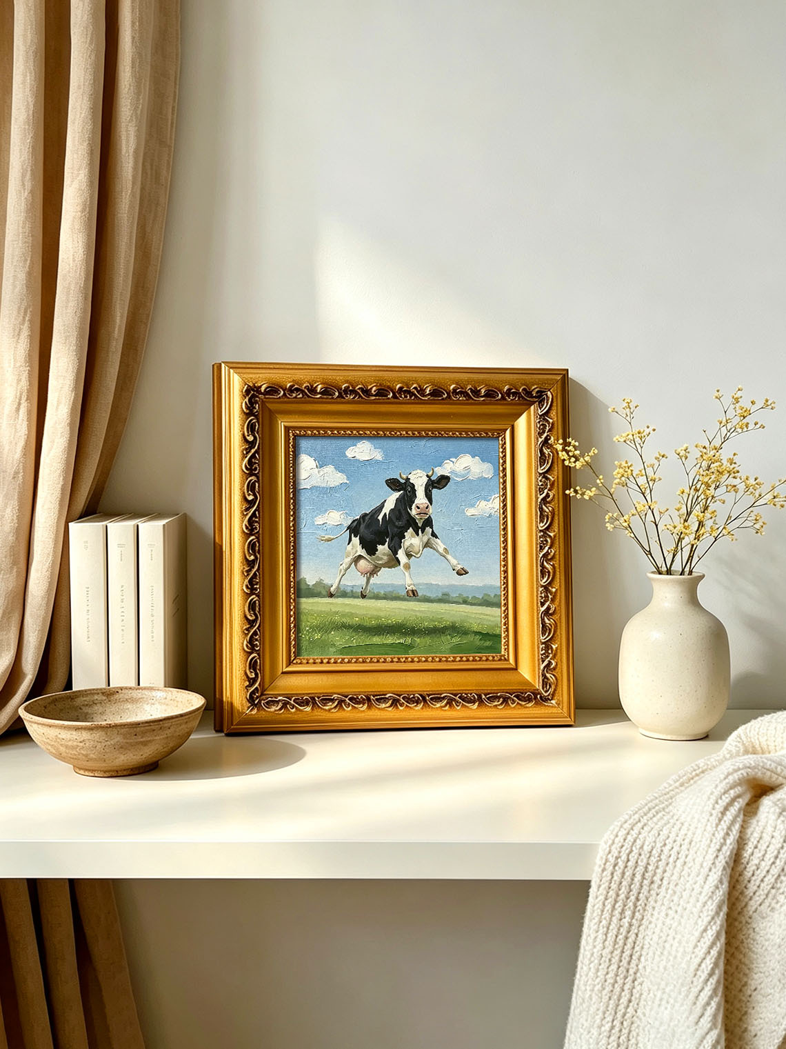 Jumping Farm Cow Hand Painted Wall Art Custom oil painting from photo, Gift for friend，Size 4x4