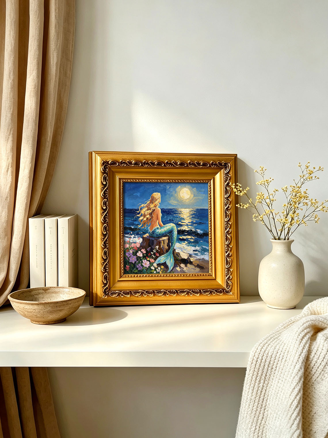 Moonlit Ocean Mermaid Hand Painted Wall Art Custom oil painting from photo, Gift for friend，Size 4x4