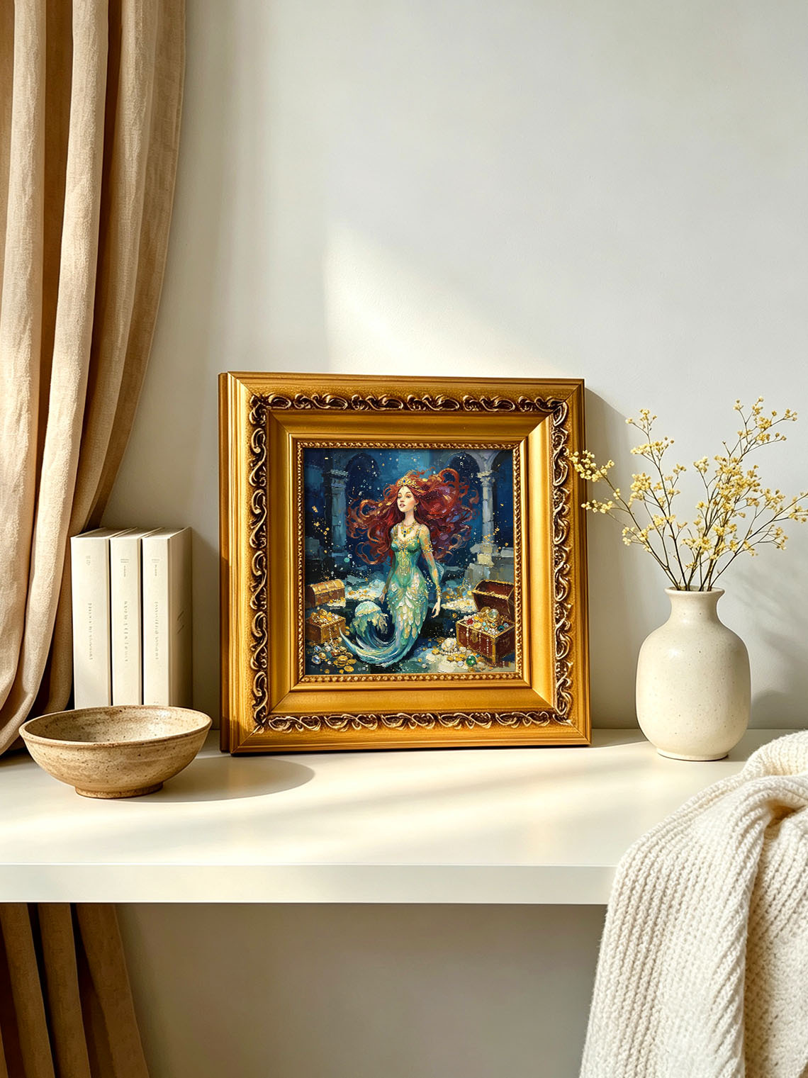 Red‑Haired Mermaid With Underwater Treasure Hand Painted Wall Art Custom oil painting from photo, Gift for friend，Size 4x4