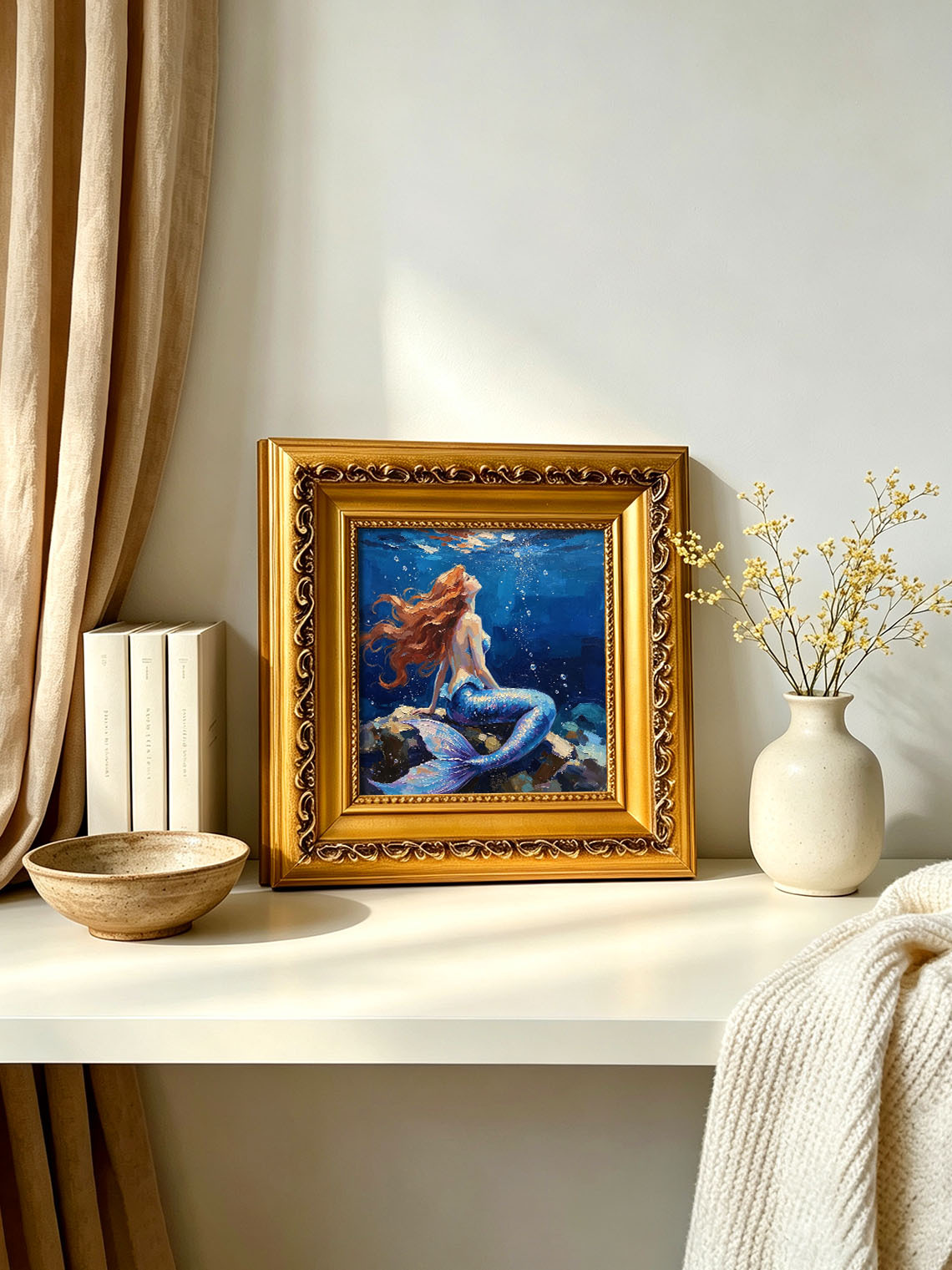 Underwater Red‑Haired Mermaid On Rocks Hand Painted Wall Art Custom oil painting from photo, Gift for friend，Size 4x4