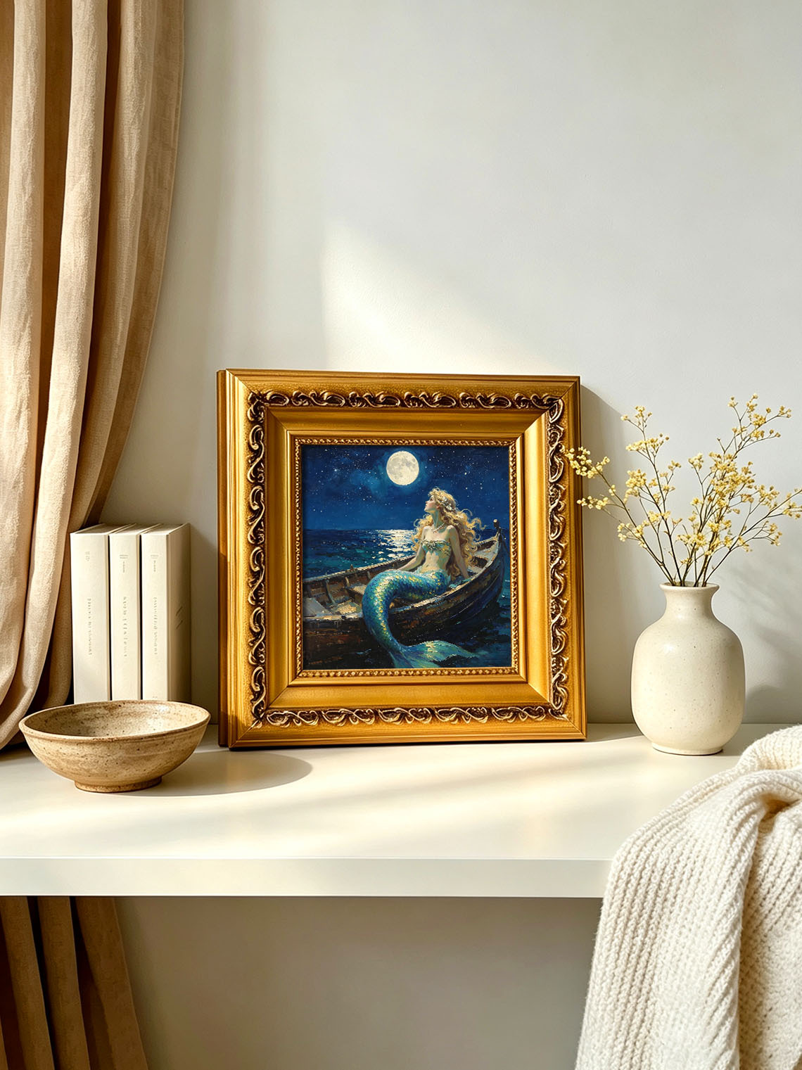 Moonlit Ocean Mermaid In Wooden Boat Hand Painted Wall Art Custom oil painting from photo, Gift for friend，Size 4x4