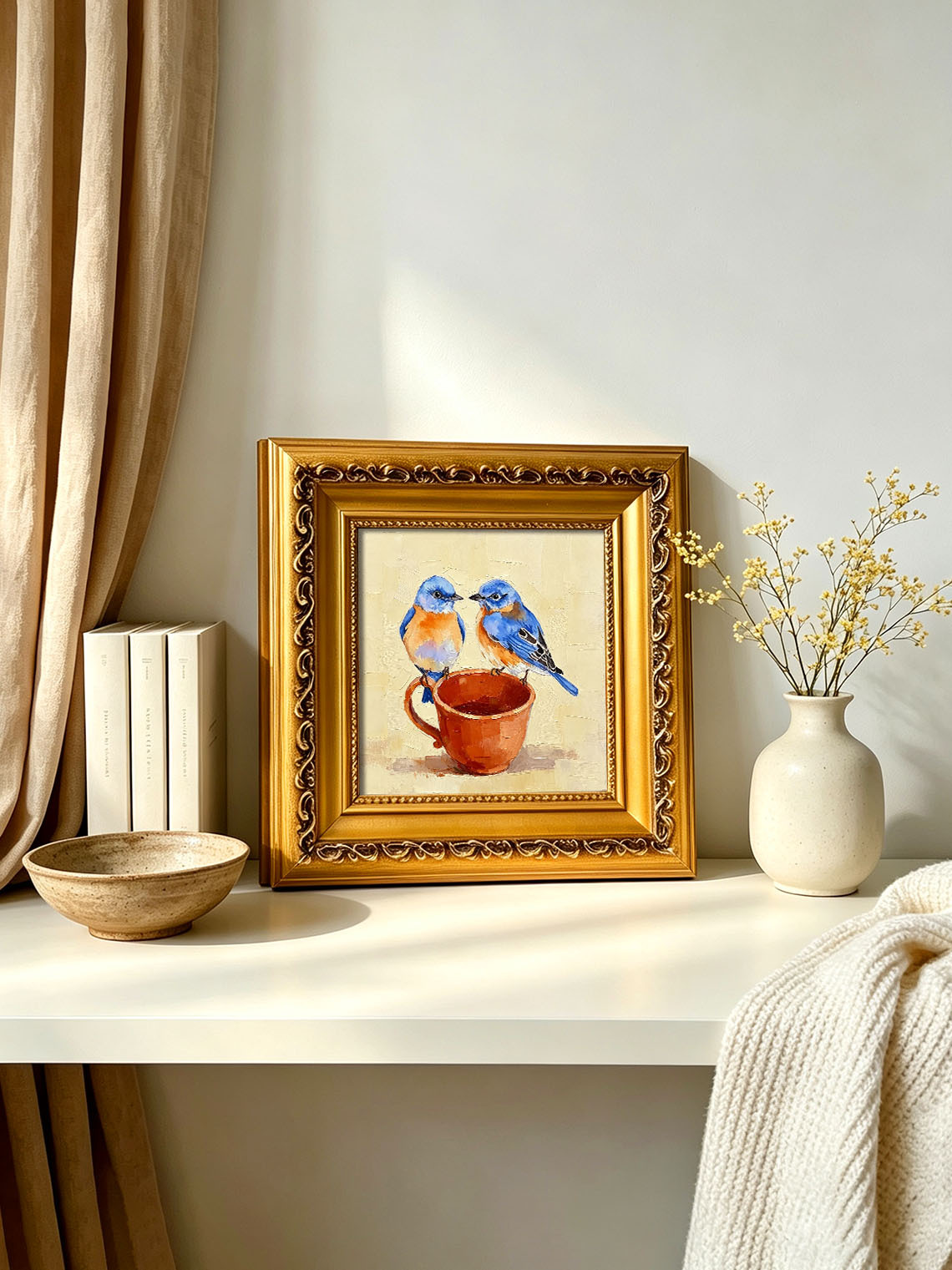 Two Sweet Bluebirds On Terracotta Teacup Hand Painted Wall Art Custom oil painting from photo, Gift for friend，Size 4x4