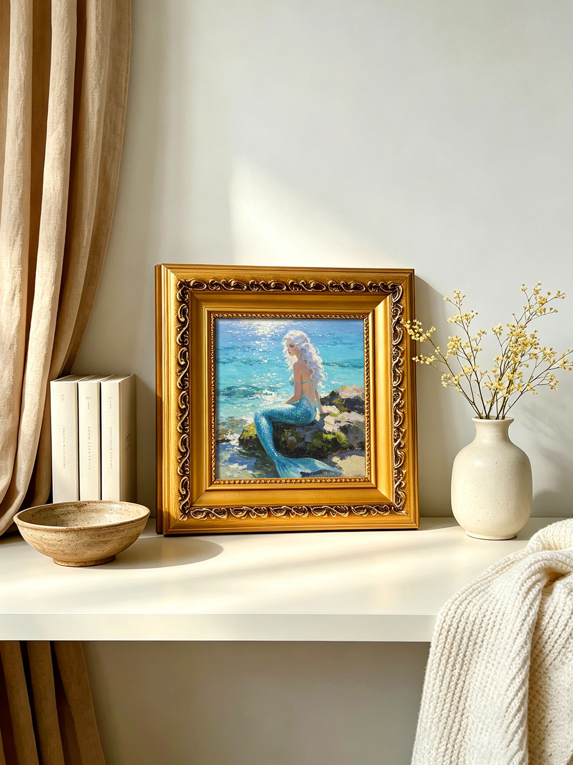 White‑Haired Mermaid Sitting On Coastal Rock By Sparkling Sea Hand Painted Wall Art Custom oil painting from photo, Gift for friend，Size 4x4