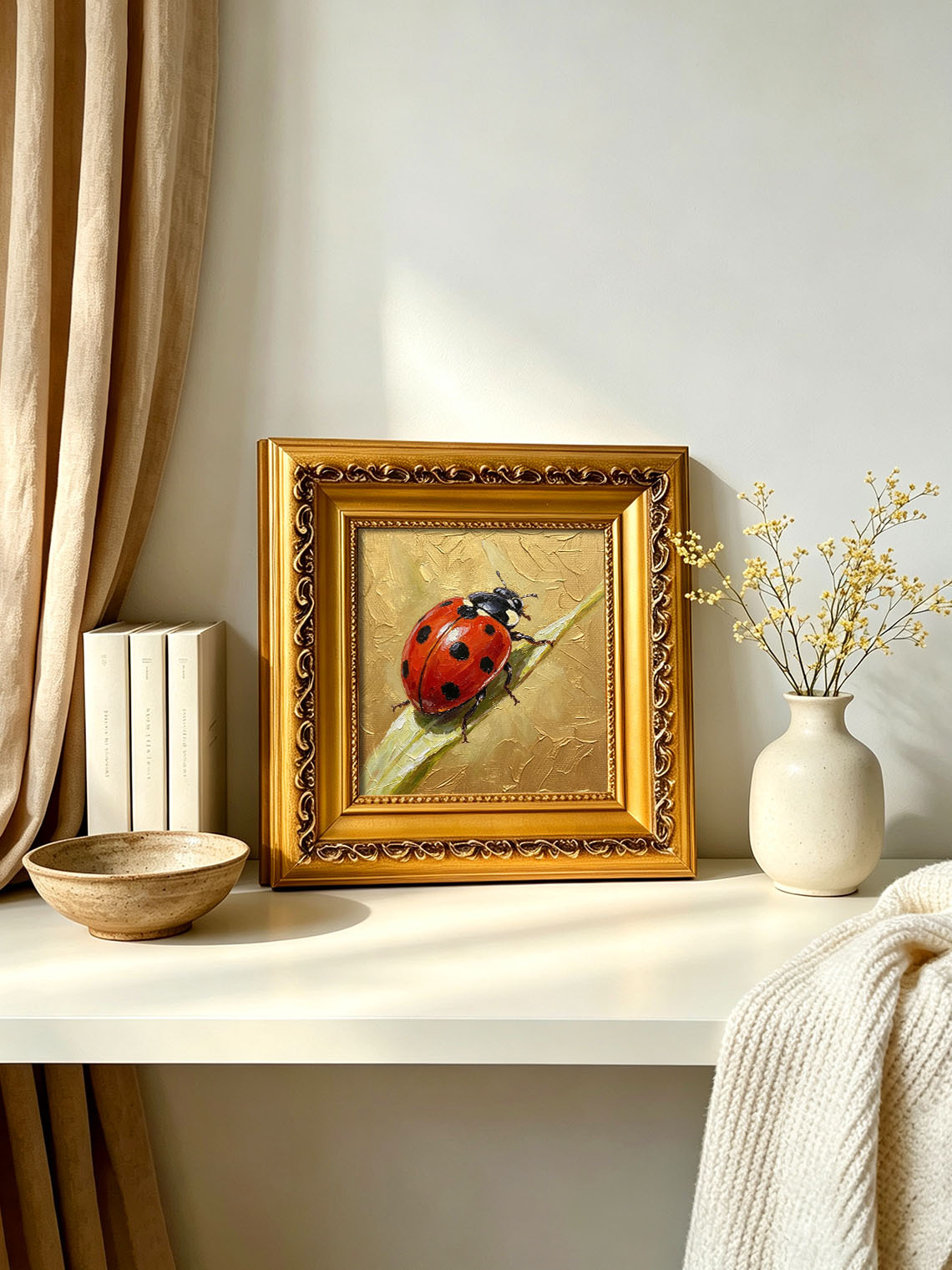 Bright Red Spotted Ladybug On Green Grass Blade Hand Painted Wall Art Custom oil painting from photo, Gift for friend，Size 4x4
