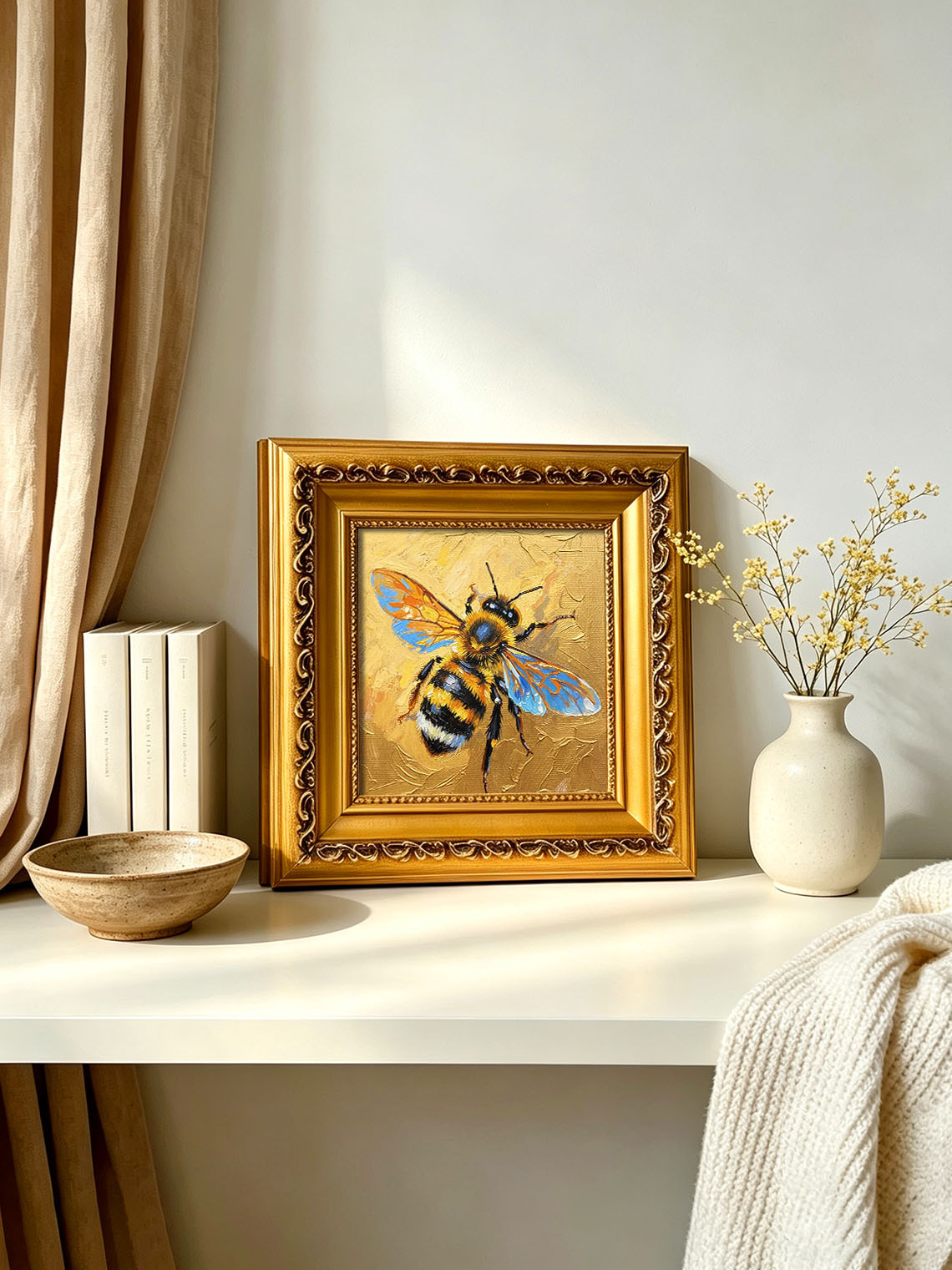 Vibrant Honeybee With Iridescent Blue Wings On Golden Background  Wall Art Custom oil painting from photo, Gift for friend，Size 4x4