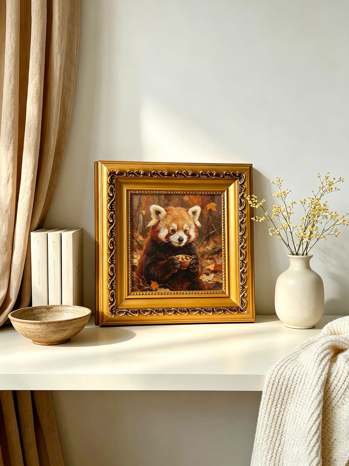 Cute Red Panda Holding Nut Bowl In Autumn Fall Forest Hand Painted Wall Art Custom oil painting from photo, Gift for friend，Size 4x4