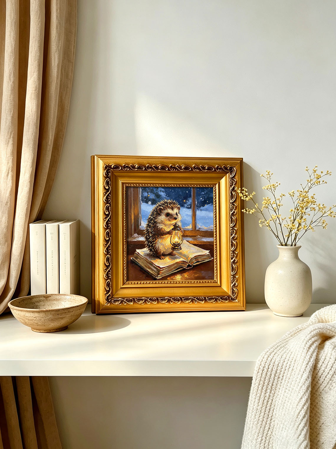 Hedgehog With Glowing Lantern Standing On Open Book By Snowy Winter Window Custom oil painting from photo, Gift for friend，Size 4x4