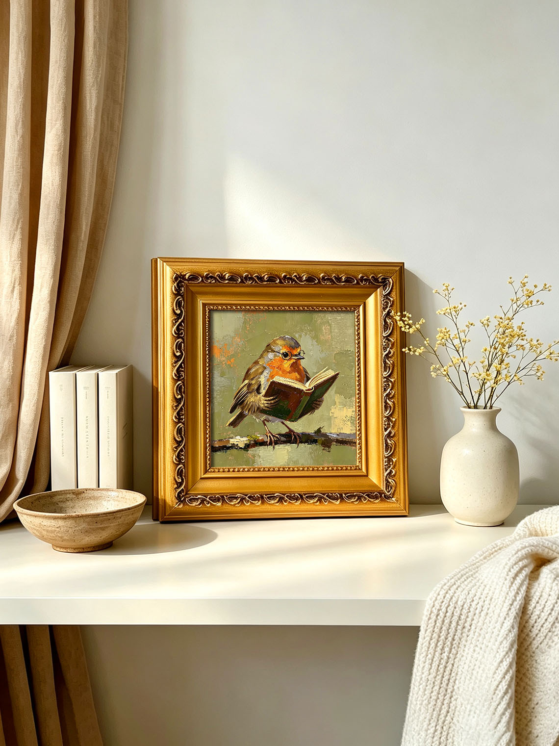 Charming Robin Bird Wearing Glasses Reading Open Book On Branch  Wall Art Custom oil painting from photo, Gift for friend，Size 4x4