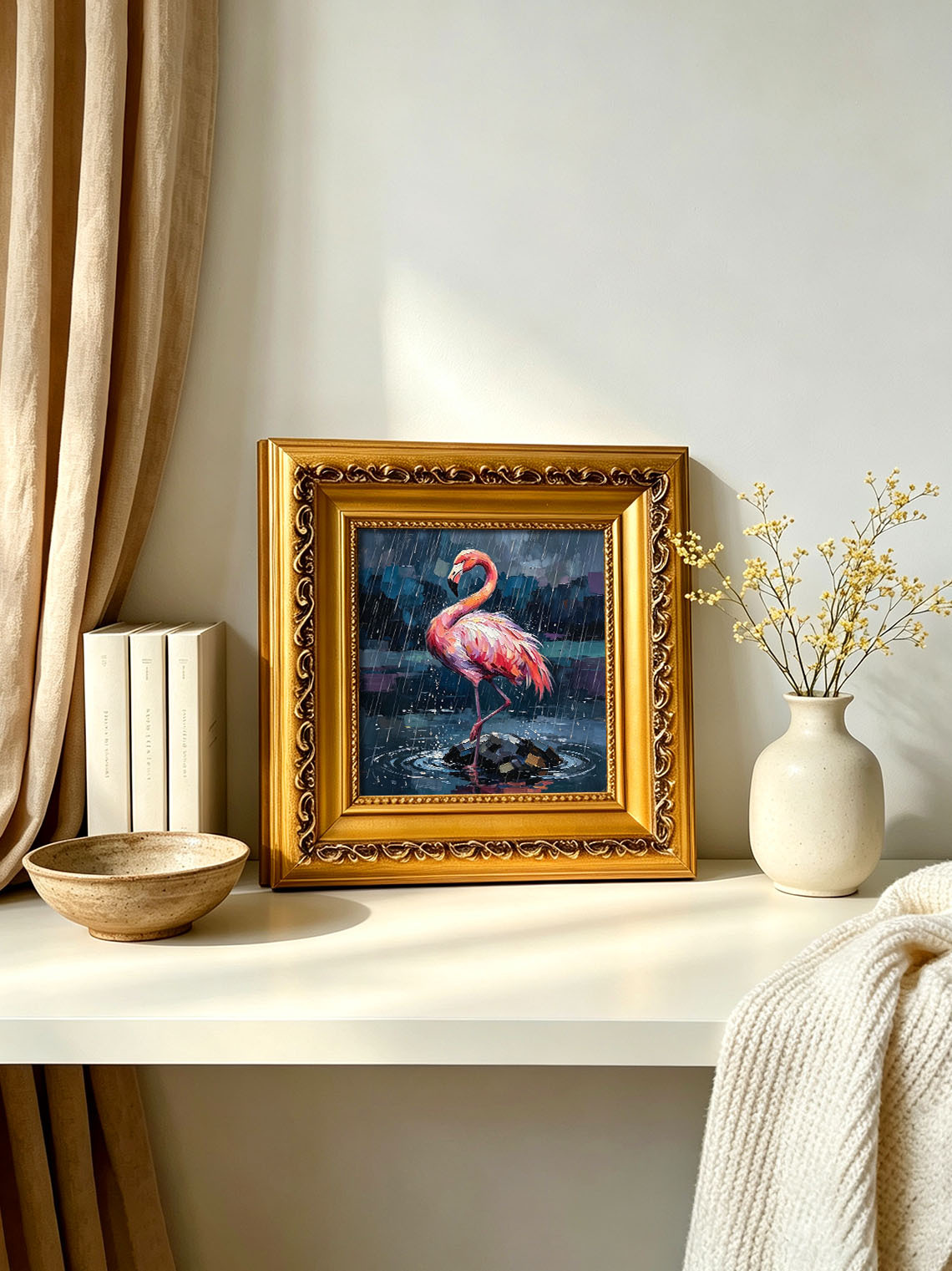 Vibrant Pink Flamingo Standing On Rock In Pouring Rain Over Dark Water  Wall Art Custom oil painting from photo, Gift for friend，Size 4x4
