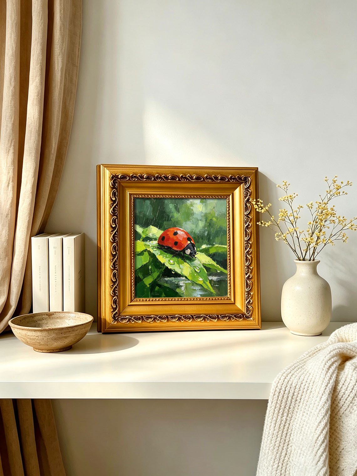 Vivid Red Ladybug On Rain‑Drenched Green Leaf In Lush Foliage Hand Painted Wall Art Custom oil painting from photo, Gift for friend，Size 4x4