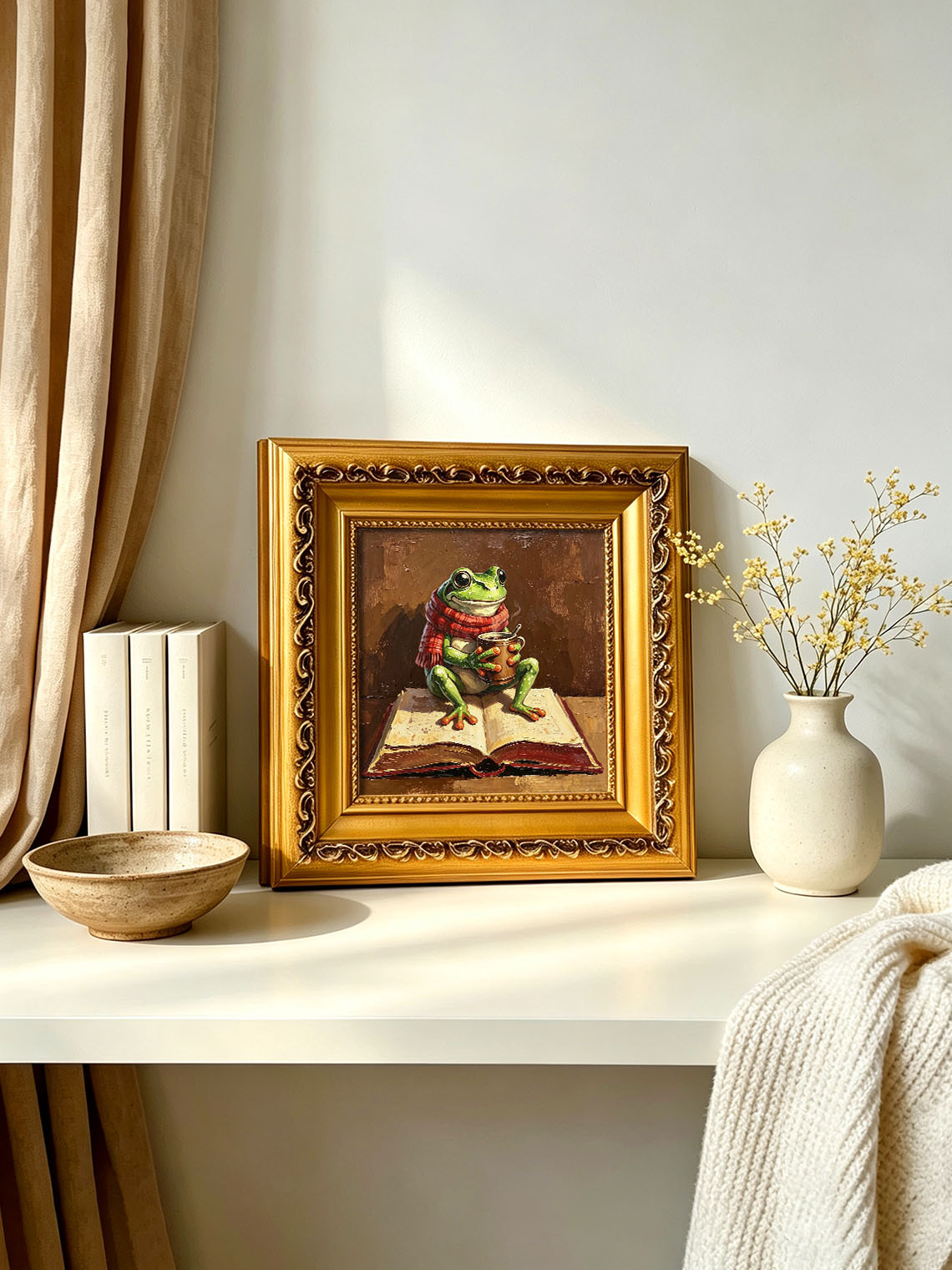 Cozy Whimsical Frog With Red Scarf Holding Hot Mug Sitting On Open Book  Wall Art Custom oil painting from photo, Gift for friend，Size 4x4
