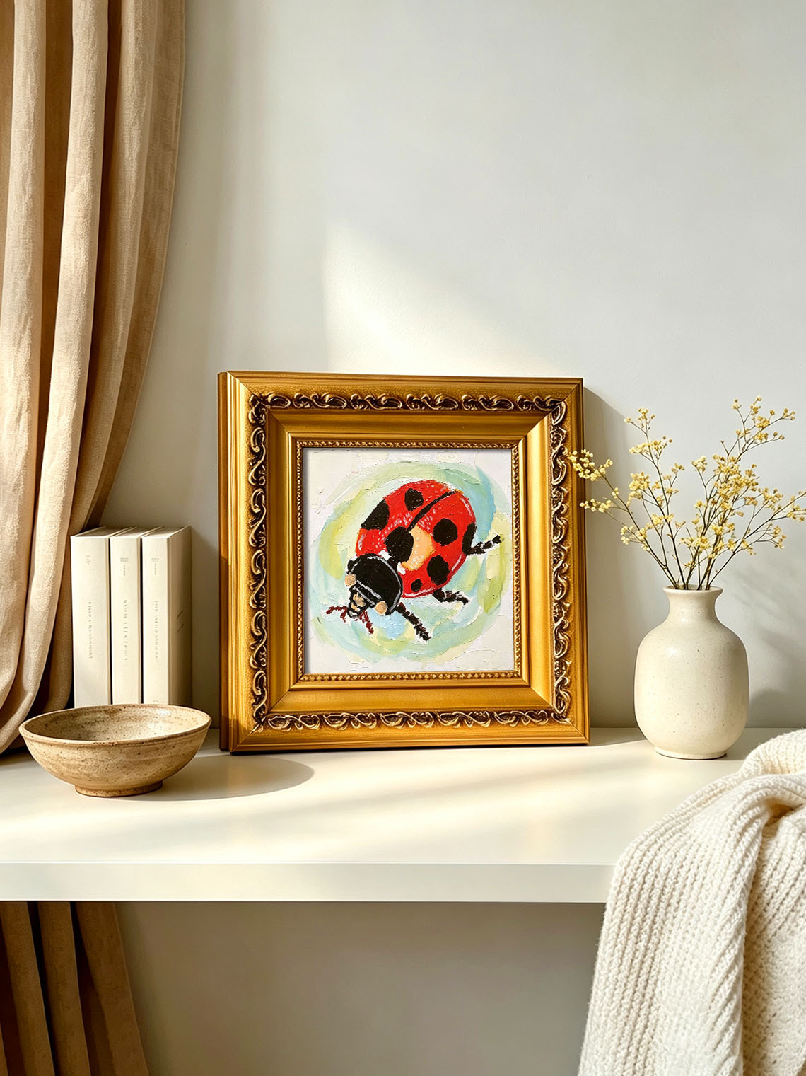 Thick Impasto Red Spotted Ladybug Textured Pastel Background Hand Painted Wall Art Custom oil painting from photo, Gift for friend，Size 4x4