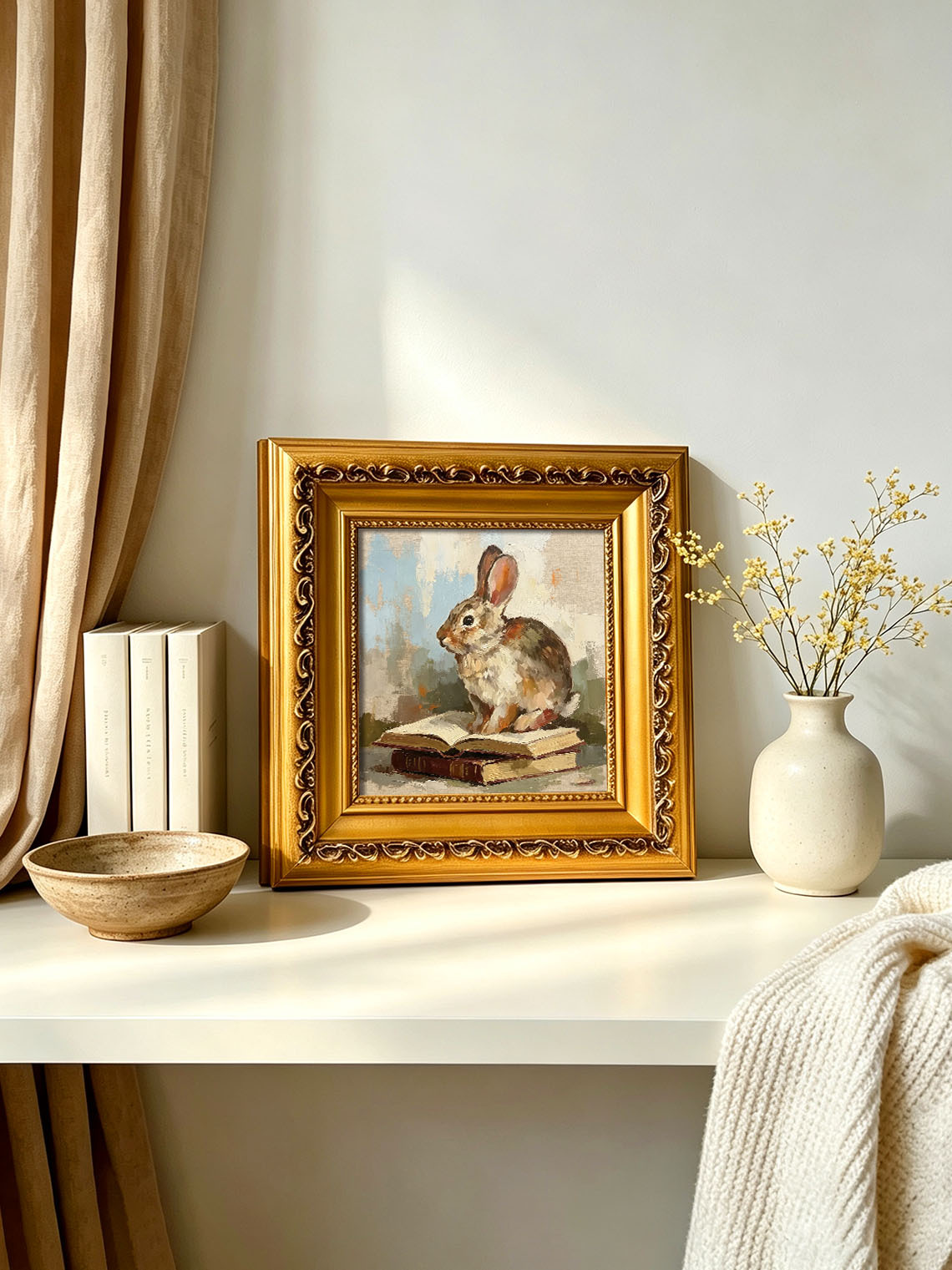 Brown Cottontail Rabbit Sitting On Stacked Old Books Soft Muted Background Custom oil painting from photo, Gift for friend，Size 4x4