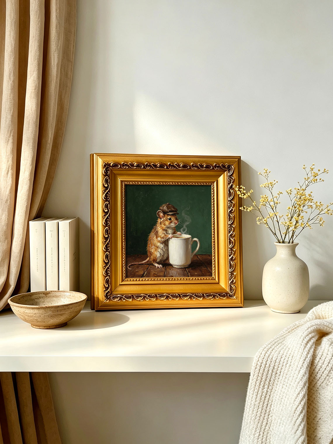 Mouse With Newsboy Cap Leaning On Steaming Coffee Mug Dark Green Background  Custom oil painting from photo, Gift for friend，Size 4x4