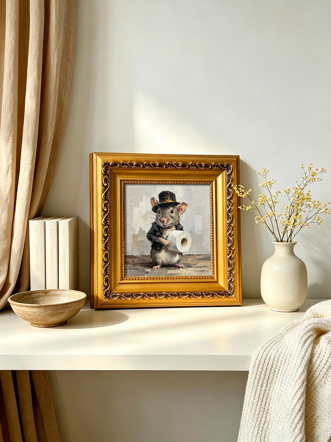 Gentleman Mouse Holding Toilet Paper Roll Neutral Textured Background Custom oil painting from photo, Gift for friend，Size 4x4